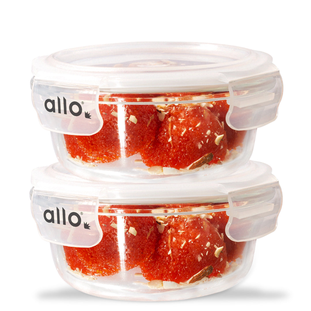 Allo Food Safe Glass Containers with Lids, 450°C Oven Microwave Safe Containers, High Borosilicate Meal Prep Glass Food Storage Containers for Kitchen, 400ml x 2, Round