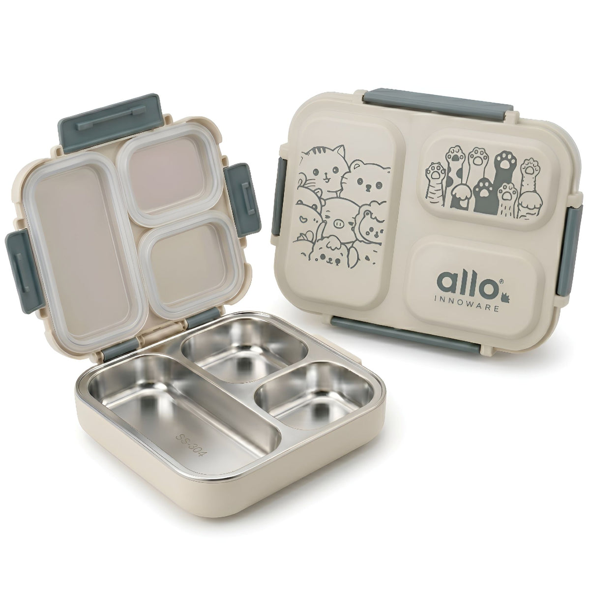 Allo Bento Stainless Steel Lunch Box for Kids- BIS Approved, 304 Stainless Steel 3 Compartment Leakproof Tiffin Box for Boys and Girls for School, Travelling, Baby Snacks, 740ml Green Cats