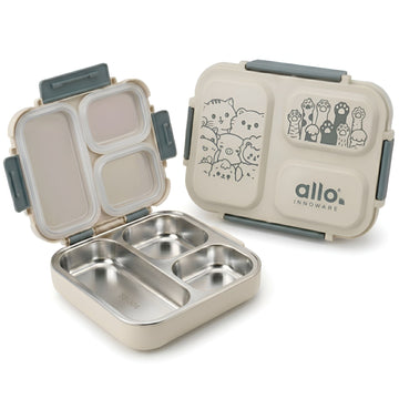 Allo Bento Stainless Steel Lunch Box for Kids- BIS Approved, 304 Stainless Steel 3 Compartment Leakproof Tiffin Box for Boys and Girls for School, Travelling, Baby Snacks, 740ml Green Cats