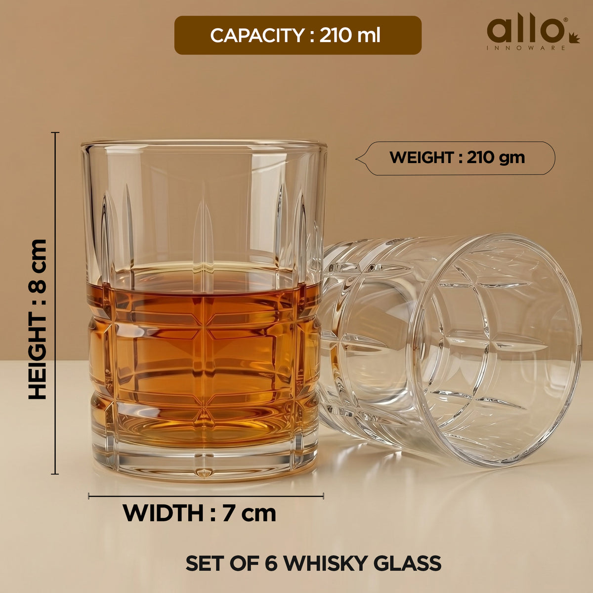 Allo Glass Set Of 6 Premium Whisky Glasses, 210 ml, For Drinking Water, Wine, Cocktail, Mocktail, Martini, Liquor, Alcohol, Scotch, Bourbon | Gift Set Packaging | Transparent Square Grid Whiskey Glass
