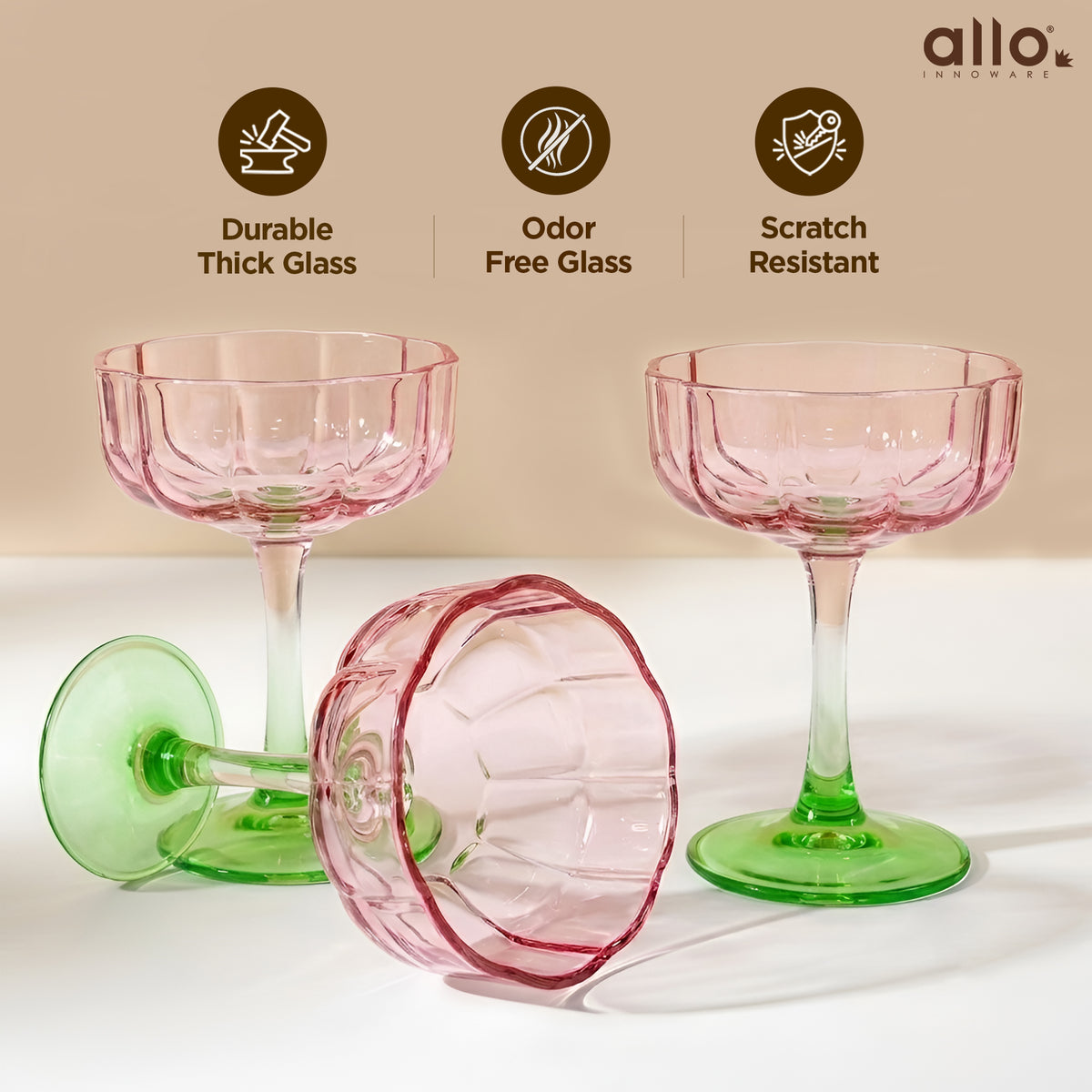 Allo Glass Ice Cream Bowl Set Of 6, 225 ml, Dessert Glasses For Icecream, Pudding, Candy, Snacks, Dates, Dry Fruit | Cups For Gifting And Serving, Gift Set Packaging | Floral Pink and Green Glass Bowl