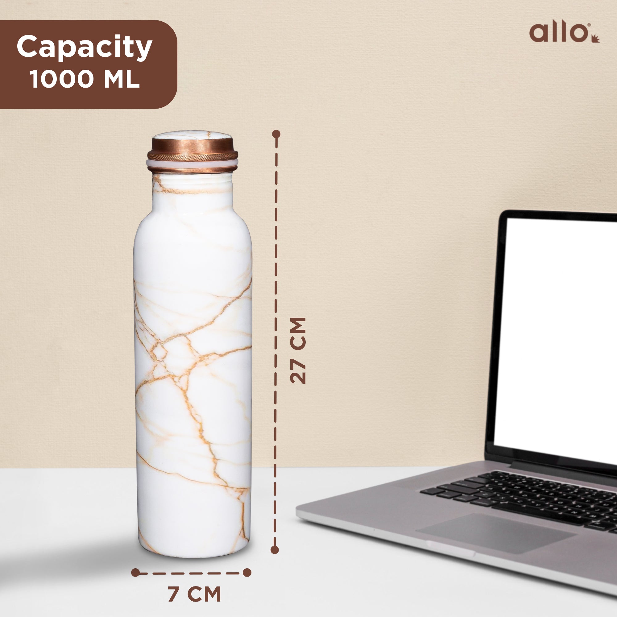 Allo Pure Copper Water Bottle 1 Litre Copper Bottle | Alkaline and Anti Oxidant | 100% Leak Proof, Office, Gym Bottle, Modern Tamba Bottle for Adults, Best Gift for Diwali (White Golden Marble)