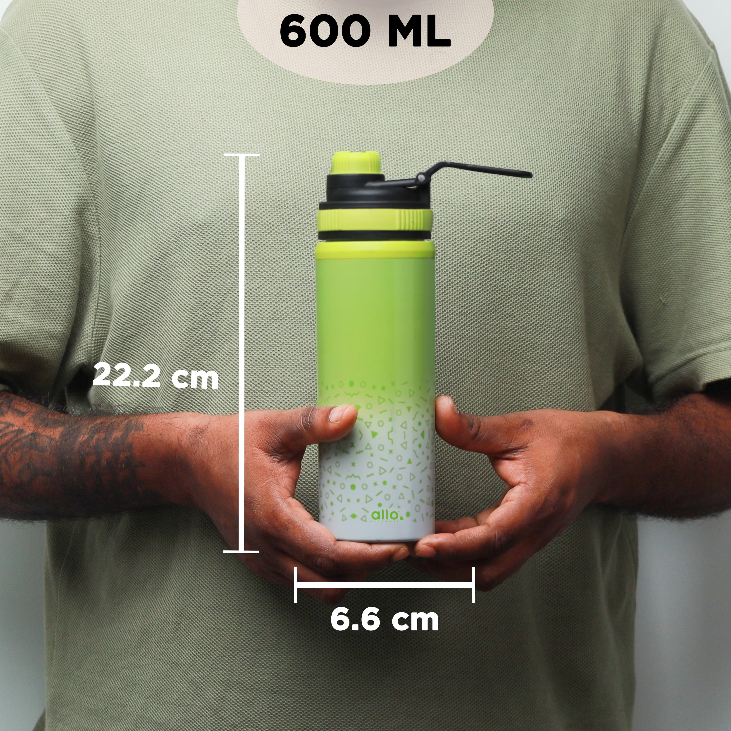 Allo Steel Water Bottles Stainless Steel Sipper Water Bottle for adults, kids 1 Litre Water Bottles for School, Office, Sports, Gym 1L Water Bottle for Men and women, Green White 600ml