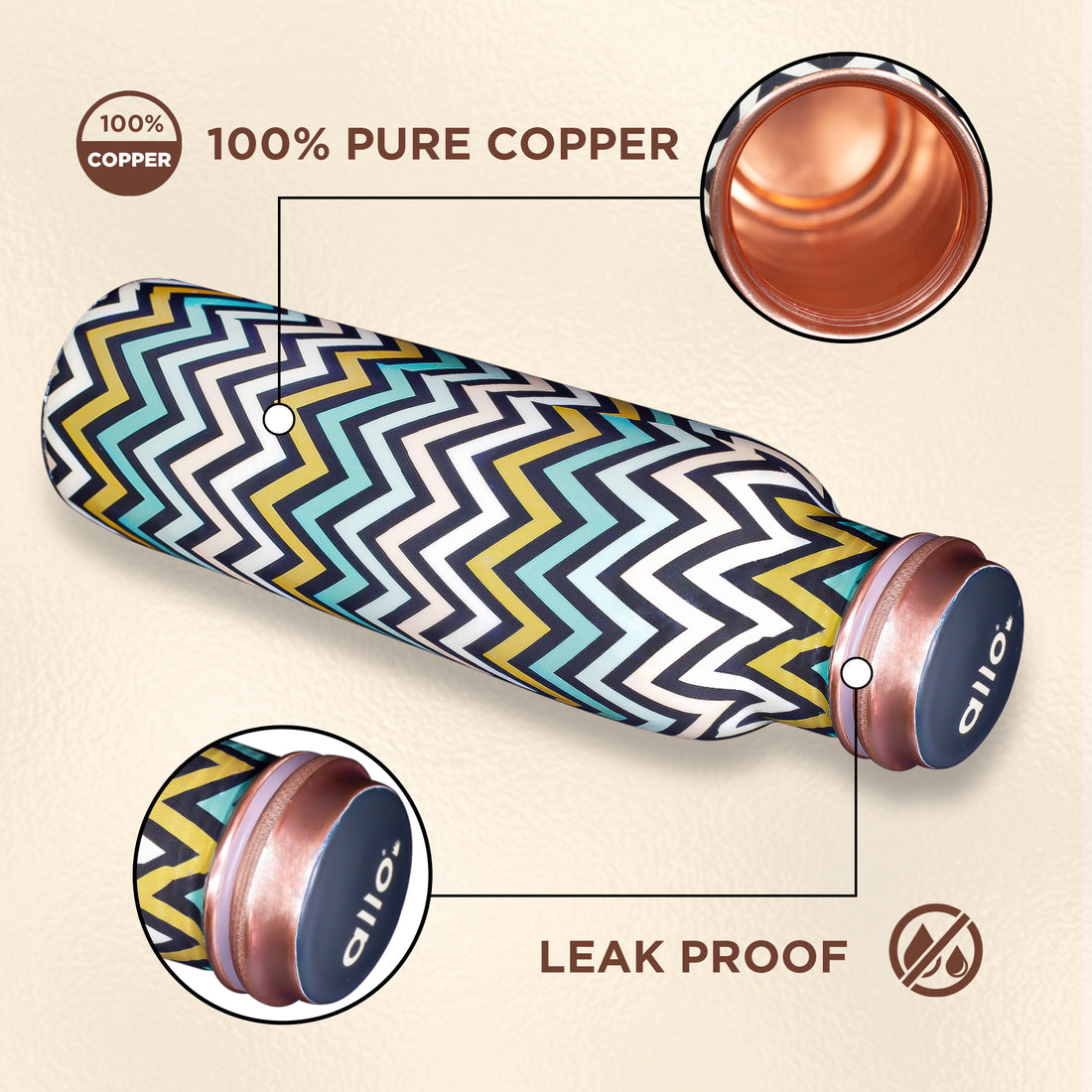 Allo Pure Copper Water Bottle 1 Litre Copper Bottle | Alkaline and Anti Oxidant | 100% Leak Proof, Office, Gym Bottle, Modern Tamba Bottle for Adults, Best Gift for Diwali (Chevron Green & Yellow)