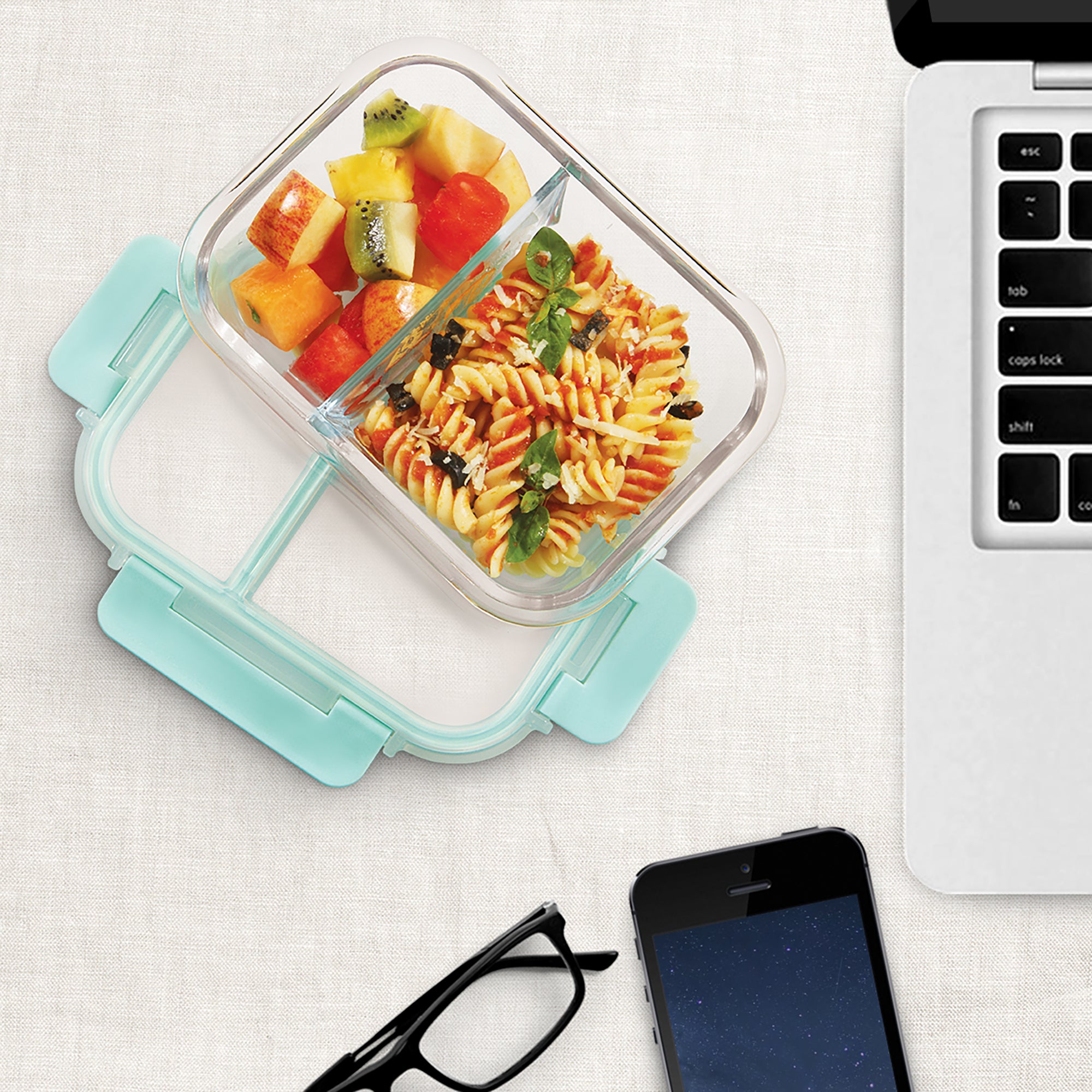 Allo FoodSafe 580ml x 1 Glass Microwave 450°C Oven Safe Lunch Box with Break Free Detachable Lock | High Borosilicate | Office Tiffin with Space Blue Flat Bag | Rectangle Divider