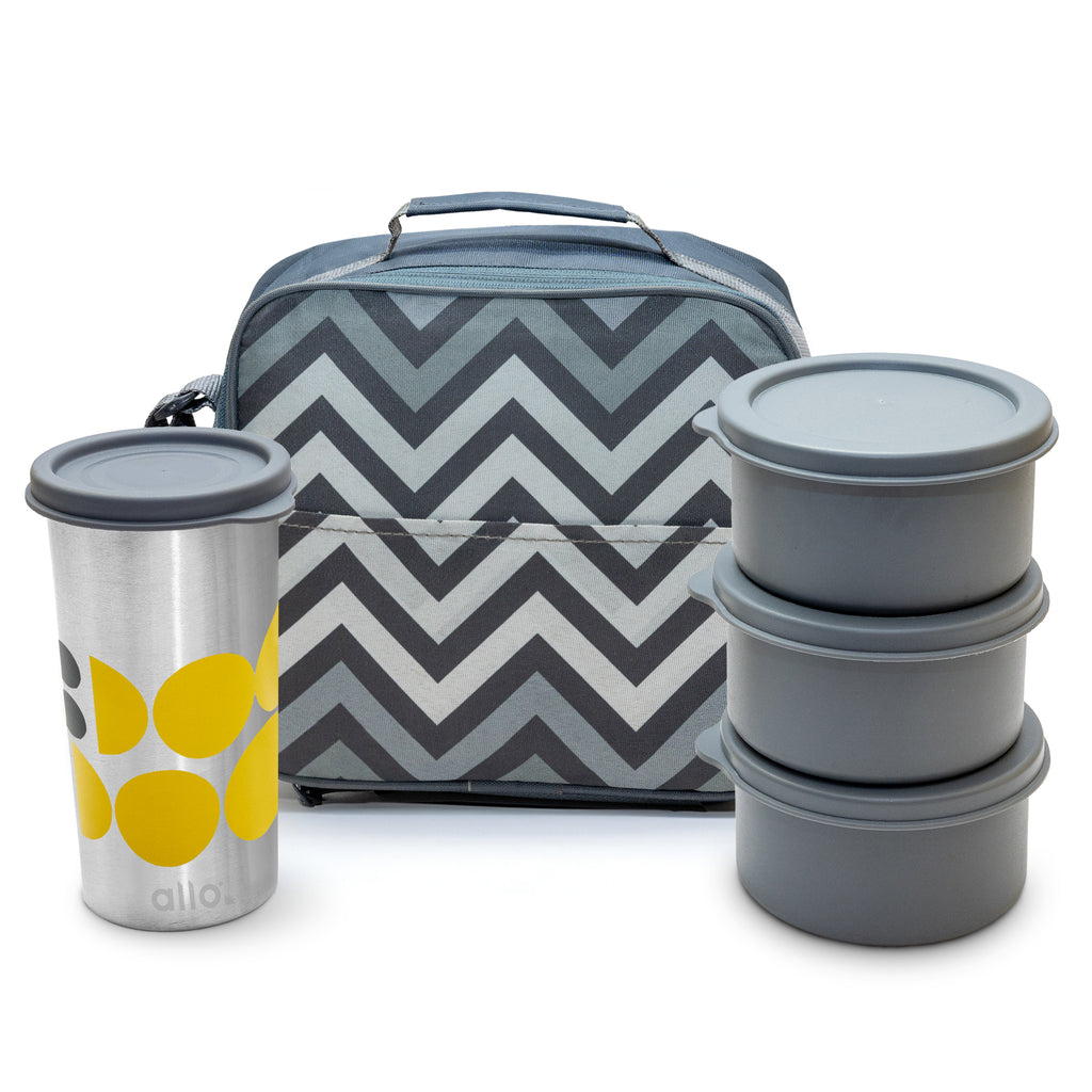 Allo Stainless Steel Lunch Box for Office with Bag, Microwave Safe AirTight & Leak Proof Tiffin for Office, School, College , Set of 3 with Chevron Grey Bag And Steel Tumbler
