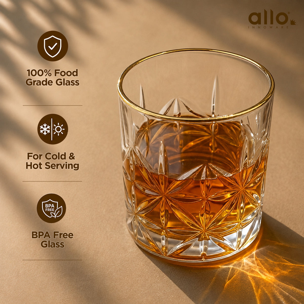 Allo Glass Set Of 6 Premium Whisky Glasses, 205 ml, For Drinking Water, Wine, Cocktail, Mocktail, Martini, Liquor, Alcohol, Scotch, Bourbon | Gift Set Packaging | Golden Rim Floral Cut Whiskey Glass