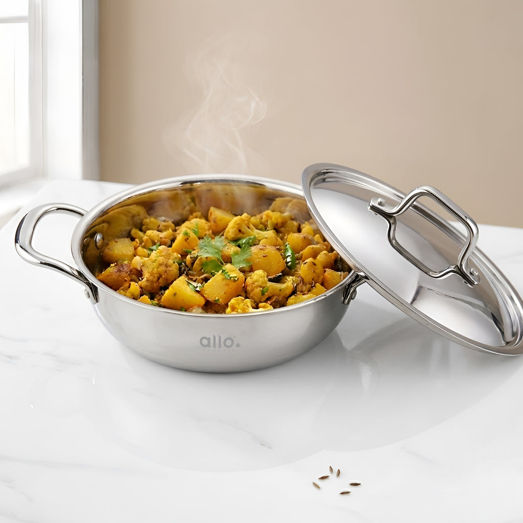 Allo Triply Stainless Steel Kadhai with Handles|Perfect Kadhai for Curry/Stir-Fry/Deep-Fry/DryVeg/Sauté Induction Friendly Naturally Non-Stick | 10 Years Warranty, 20cm, 1.5 litres With lid