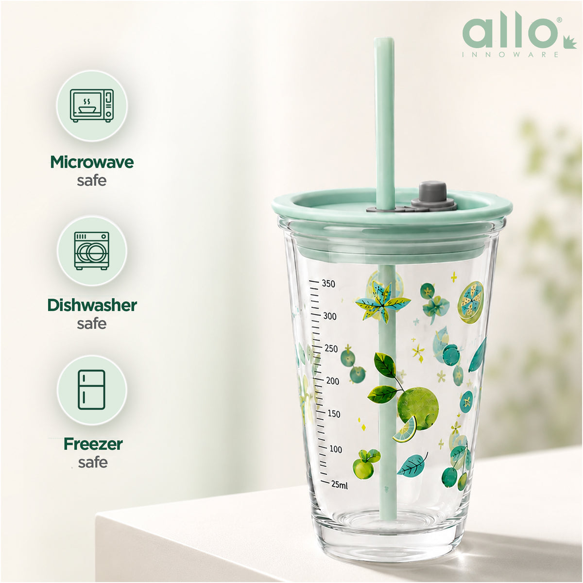 Allo Reusable Glass Mug Sipper Tumbler with Straw, Unique 2 in 1 ANTI Spill Lid | Microwave Safe Leakproof Glass with Anti-Slip Grip for Hot & Cold Coffee| Car, Office, Travel use | 450ml (Green Pear)