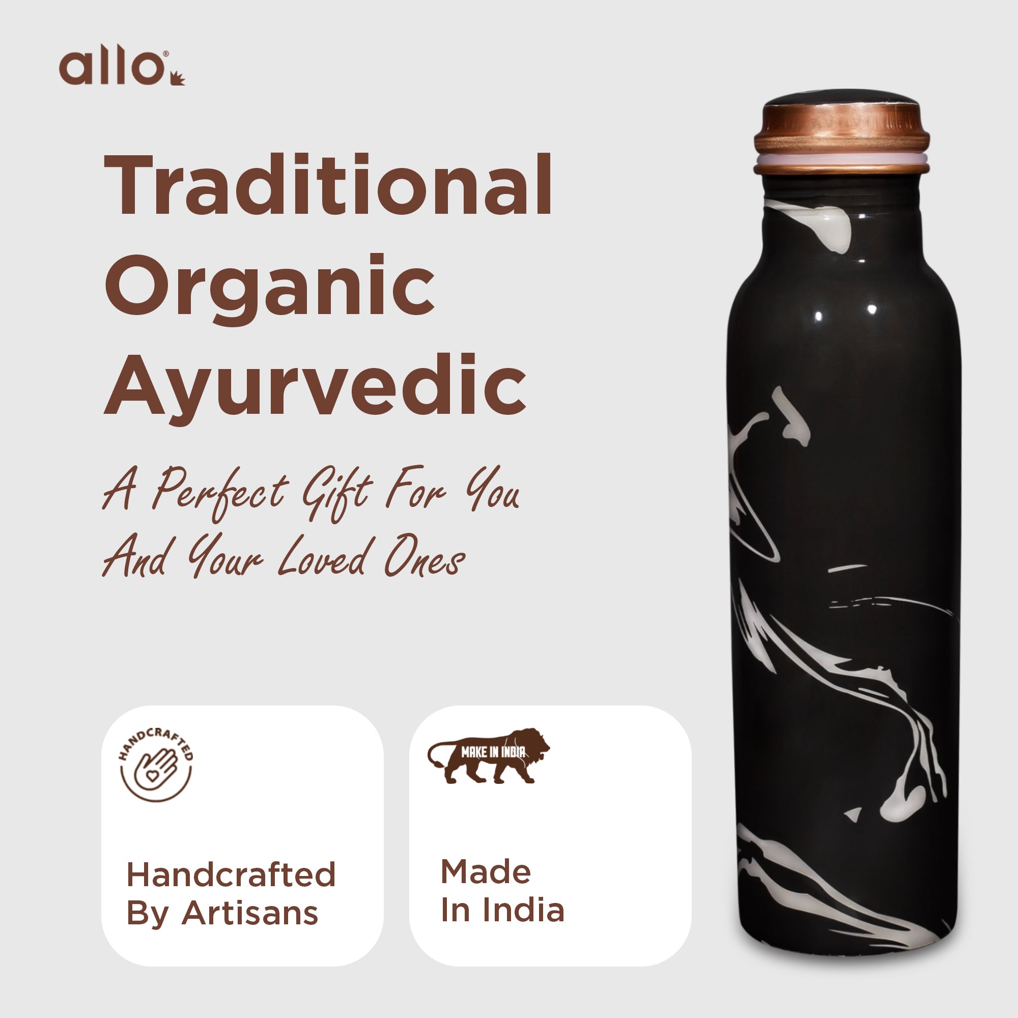 Allo Pure Copper Water Bottle 1 Litre Copper Bottle | Alkaline and Anti Oxidant | 100% Leak Proof, Office, Gym Bottle, Modern Tamba Bottle for Adults, Best Gift for Diwali (Black)