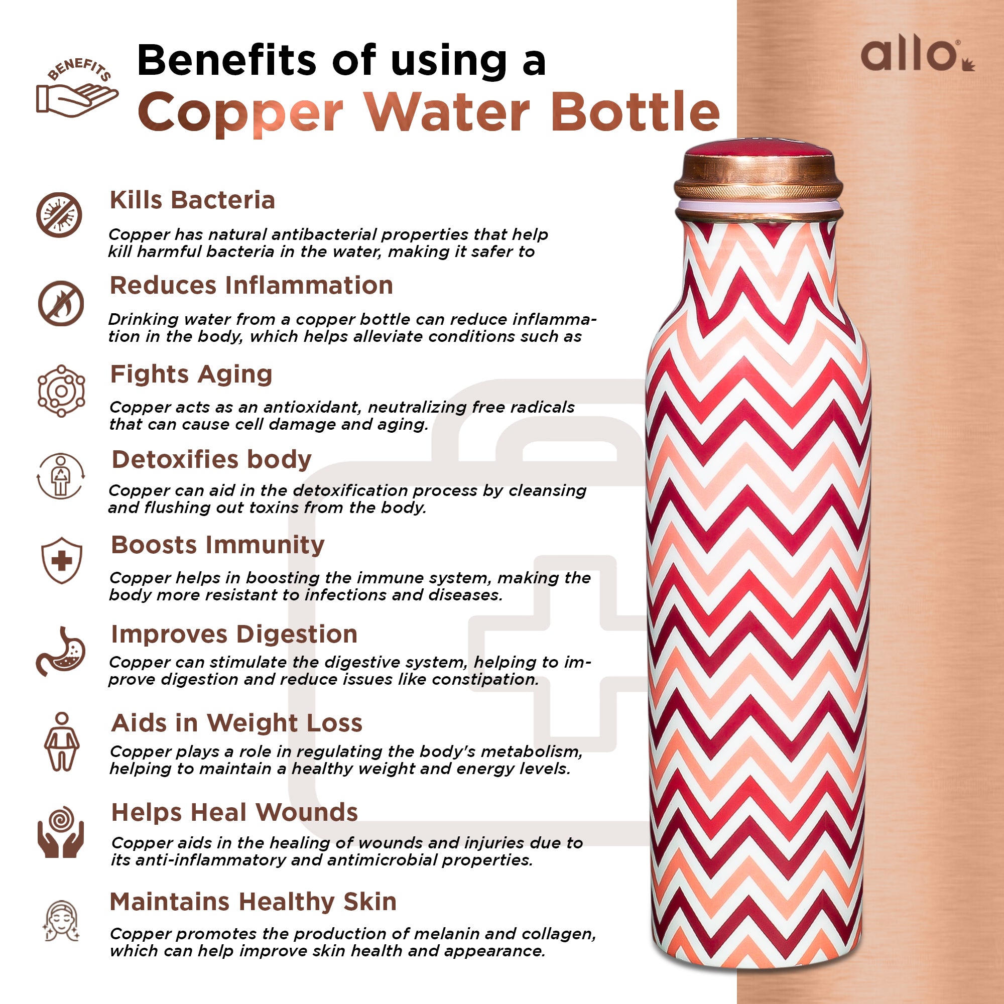 Allo Pure Copper Water Bottle 1 Litre Copper Bottle | Alkaline and Anti Oxidant | 100% Leak Proof, Office, Gym Bottle, Modern Tamba Bottle for Adults, Best Gift for Diwali (Chevron Red & Pink)