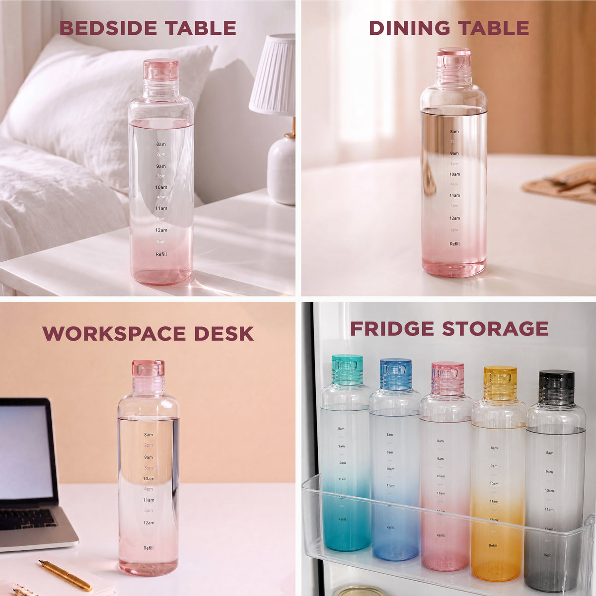 Allo Glass Water Bottle For Women & Men, 600 ml, Aesthetic H2O Bottles For Drinking Detox Water, Juice, Milk, Soda | 0.4 Ltr Bottle For Fridge, Storage, Home | Gift Set Packaging | Time Marked Pink