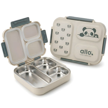 Allo Bento Stainless Steel Lunch Box for Kids- BIS Approved, 304 Stainless Steel 3 Compartment Leakproof Tiffin Box for Boys and Girls for School, Travelling, Baby Snacks, 740ml Green Panda