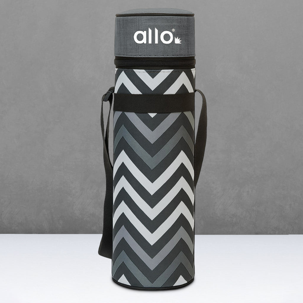 Allo Polyester Thermal Insulated 1L Bottle Cover – Water-Proof Modern Carrier Sleeve with Adjustable Shoulder Handle & Zipper Closure for Travel, Hiking, Office & School, Grey Chevron