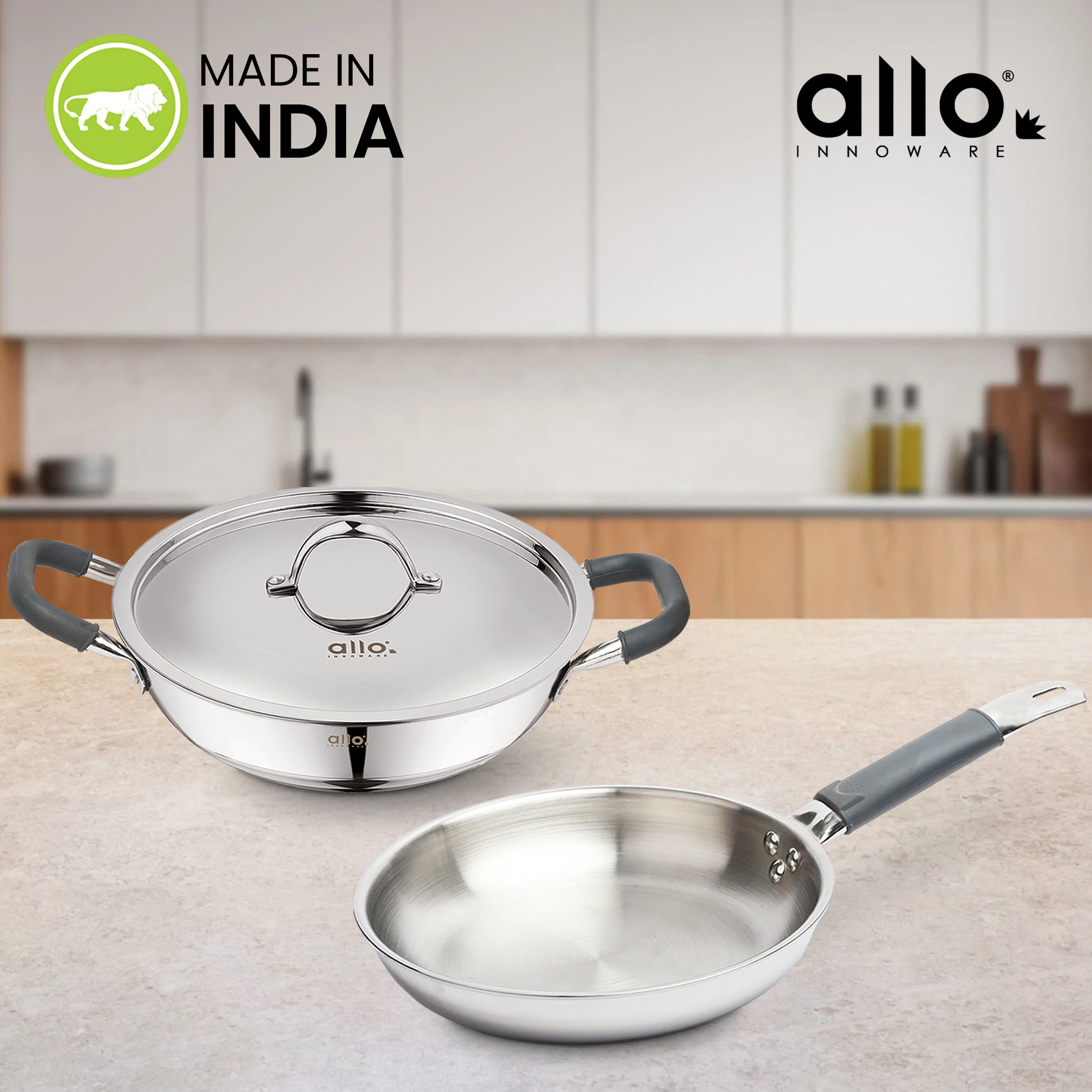 Allo Stainless Steel Triply Cookware Set | Kadai with Lid (22 Cm/3 L)+ Fry Pan (22 Cm/1.5L) | Perfect Cooking Combo for Curry/Stir-Fry/Deep-Fry/DryVeg/SautA Induction Friendly Set of 3Pcs | Nonstick
