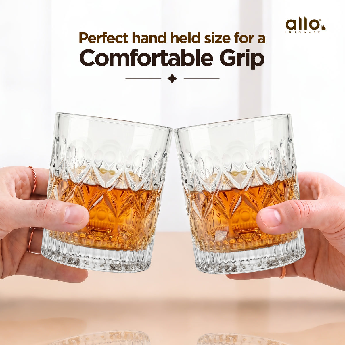 Allo Glass Set Of 6 Premium Whisky Glasses, 300 ml, For Drinking Water, Wine, Cocktail, Mocktail, Martini, Liquor, Alcohol, Scotch, Bourbon | Gift Set Packaging | Transparent Crown Cut Whiskey Glass