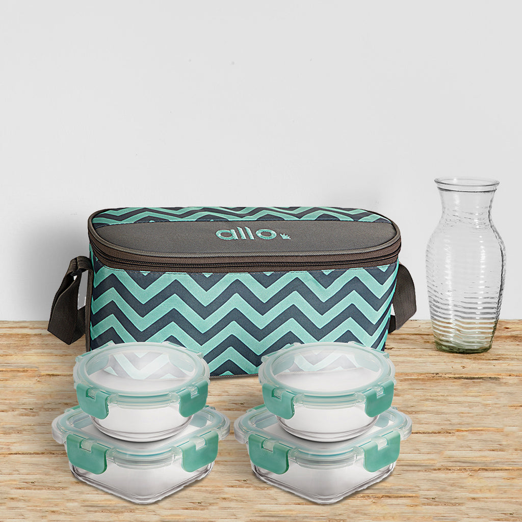 Allo Food Safe Glass Lunch Box with Break Free Detachable Lock, 450°C Microwave Safe Lunch Box, Borosilicate Glass Tiffin for office with Chevron Mint Tiffin Bag, Set of 4, 215ml x 2, 310ml x 2, Round & Square.