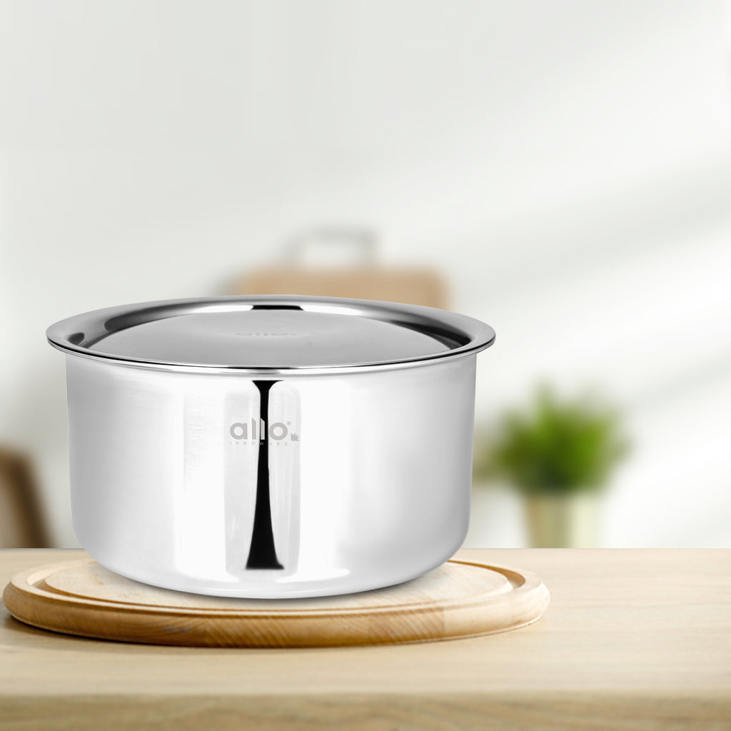 1.1L Allo CookSafe TriPly Tope | Stainless Steel | With Stainless Steel Lid | Induction Friendly | Naturally Non-stick | 14cm