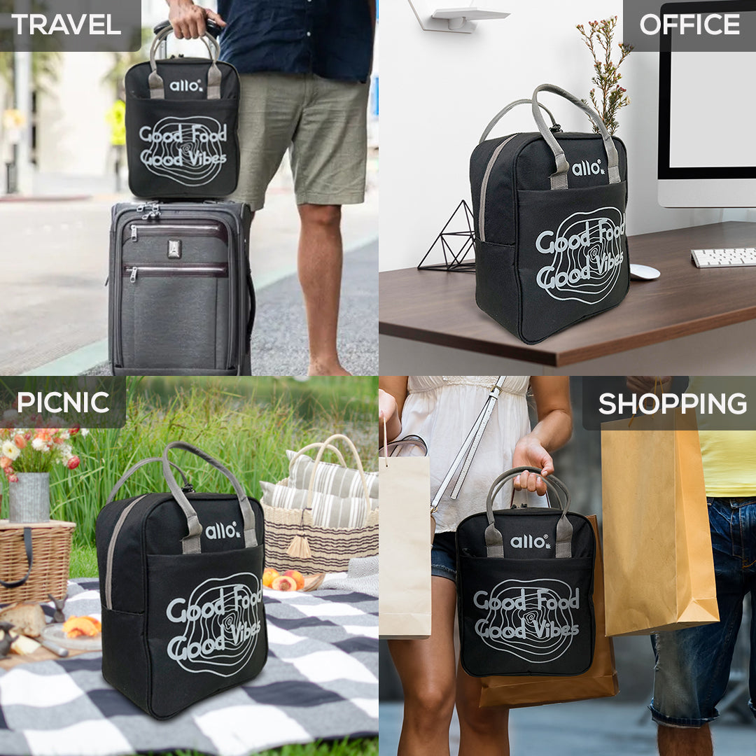 Allo Lunch Bag for Office, School & College, Washable Unisex Tiffin Bag for Men, Women & Kids, Lightweight, Leakproof, Water and Dust Resistant Multipurpose Lunch Bag, Grey (GFGV)