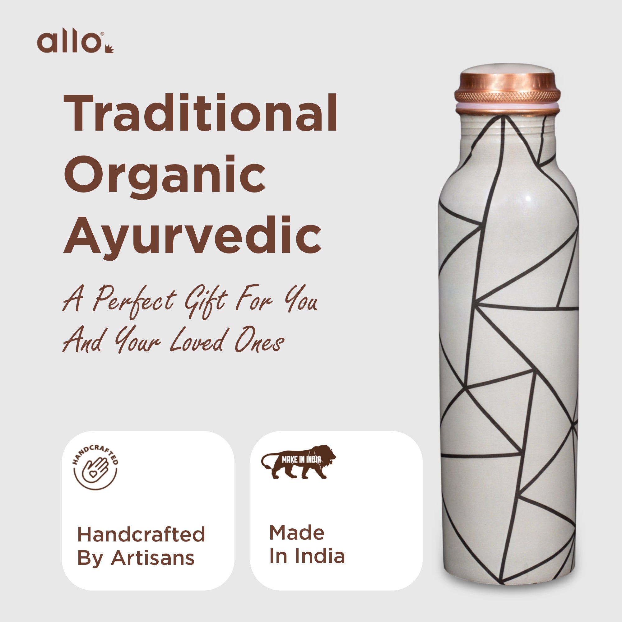 Allo Pure Copper Water Bottle 1 Litre Copper Bottle | Alkaline and Anti Oxidant | 100% Leak Proof, Office, Gym Bottle, Modern Tamba Bottle for Adults, Best Gift for Diwali (Grey Abstract Line)
