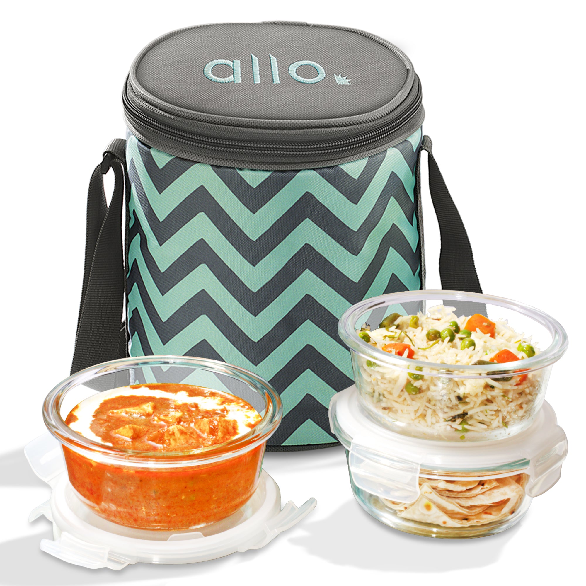 Allo Food Safe Glass Lunch Box, 450°C Microwave Safe Lunch Box, Borosilicate Glass Tiffin for office with Chevron Mint Tiffin Bag, Set of 3, 400ml x 3, Round