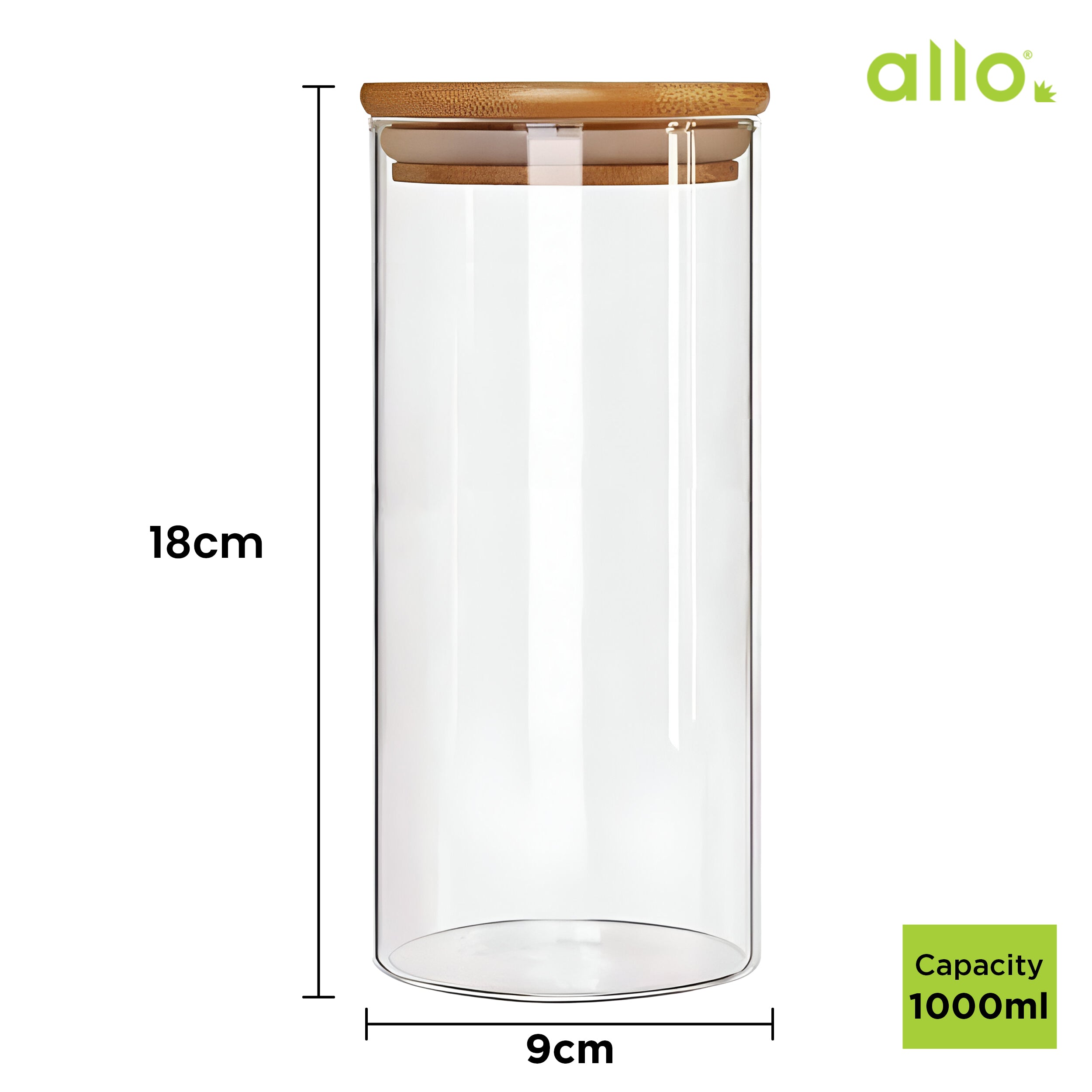 Allo 1000ML Kitchen Storage Box Glass Jars With Wooden Lids - Borosilicate Glass Food Storage Containers Airtight Glass Jar for Tea, Coffee, Spice, Pulses, Masala (Round Glass Jar - Set of 6)