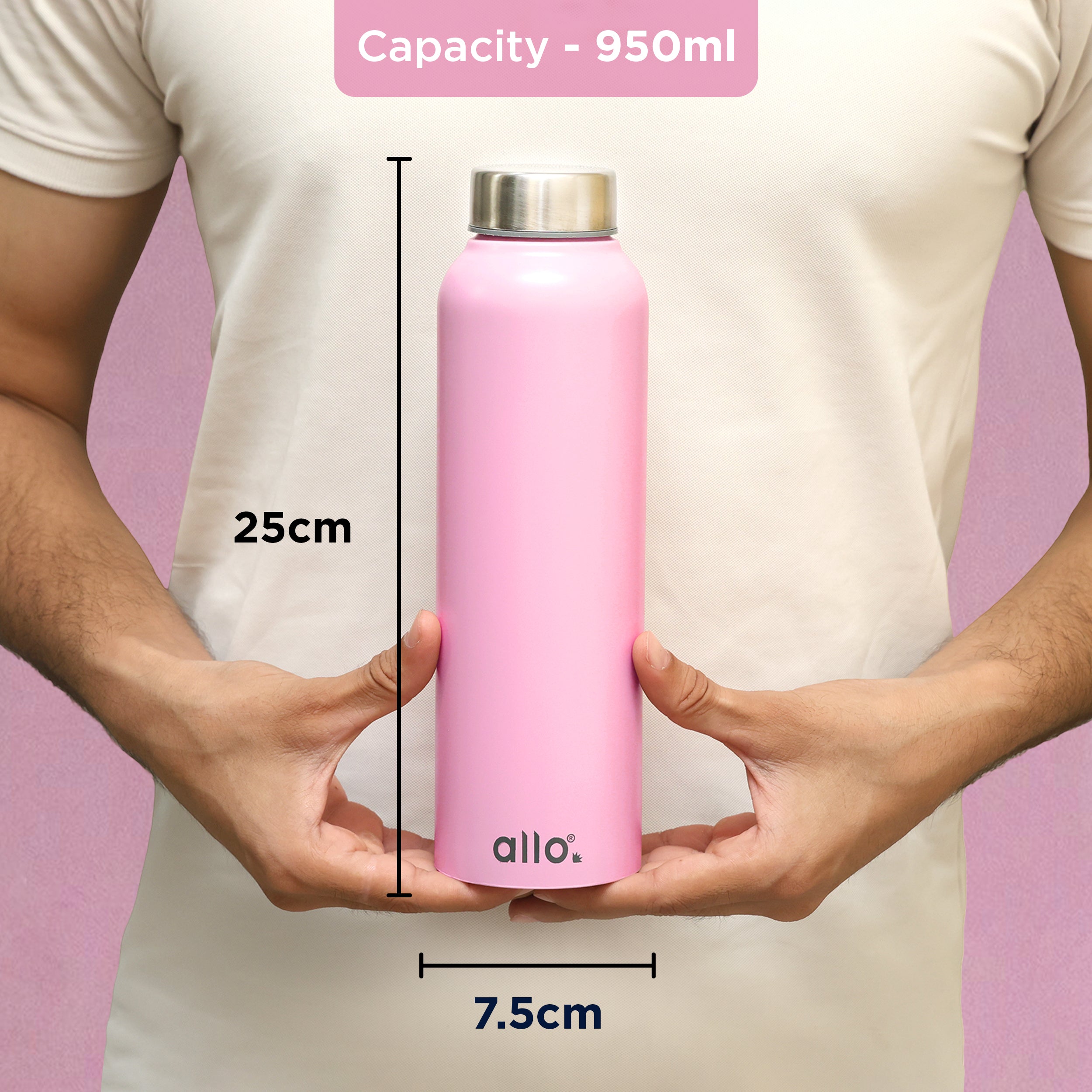 Allo Stainless Steel Water Bottle For Adults, Kids 0.95 Litre Water Bottles For School, Office, Sports, Gym 950ML Water Bottle For Men And Women, Pack Of 2 | Leak Proof & Bpa Free, Pink Steel Cap