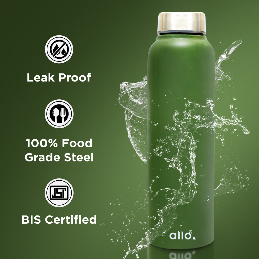 Allo Steel Water Bottles Stainless Steel Sipper Water Bottle for adults, kids 0.95 Litre Water Bottles for School, Office, Sports, Gym 950ML Water Bottle for Men and women, Olive green 950ml