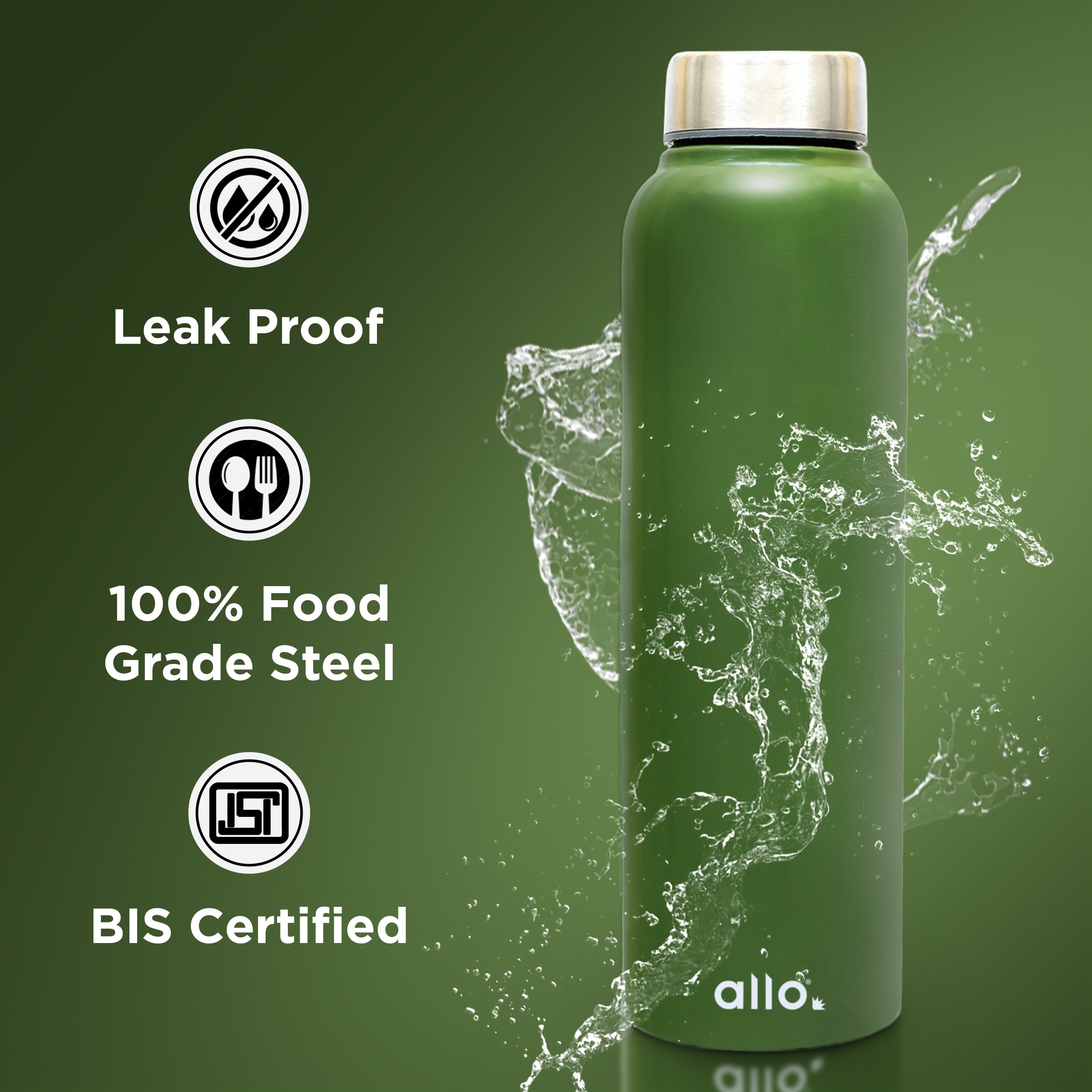 Allo Steel Water Bottles Stainless Steel Sipper Water Bottle for adults, kids 0.95 Litre Water Bottles for School, Office, Sports, Gym 950ML Water Bottle for Men and women, Olive green 950ml