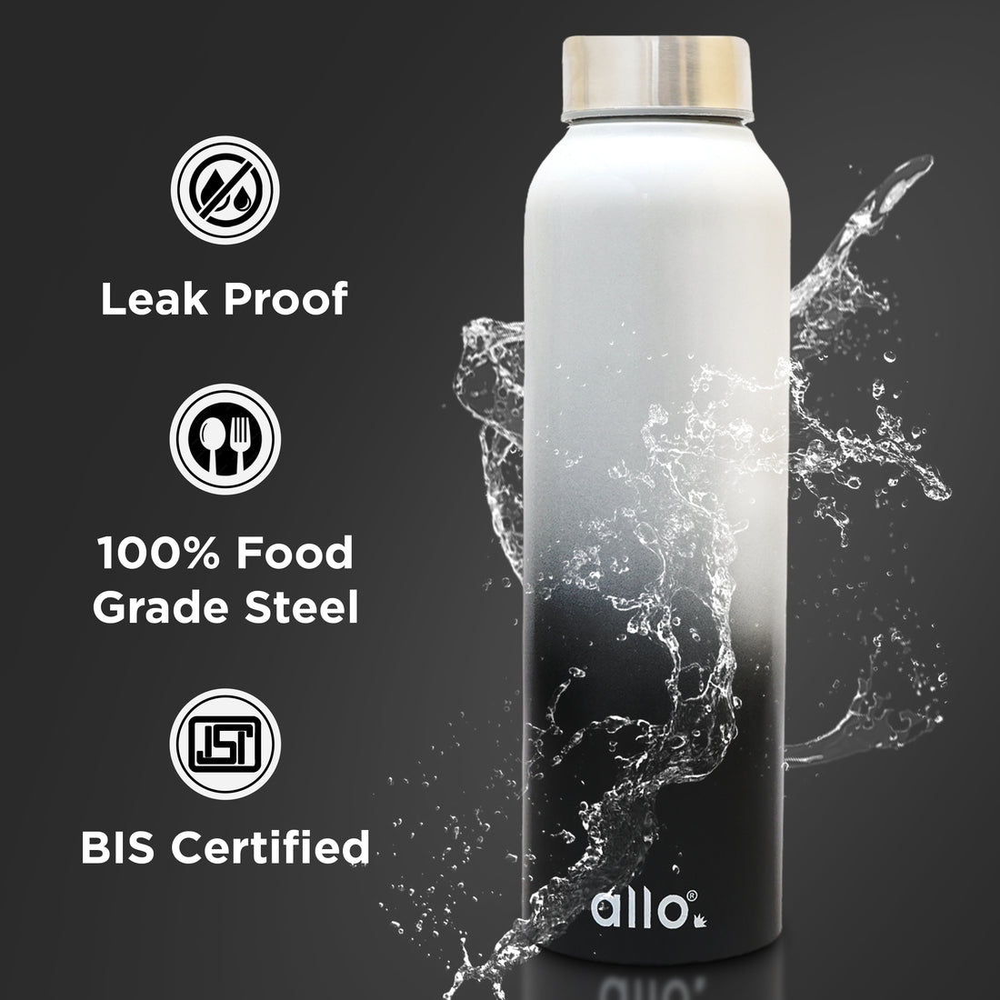 Allo Steel Water Bottles Stainless Steel Sipper Water Bottle for adults, kids 0.95 Litre Water Bottles for School, Office, Sports, Gym 950ML Water Bottle for Men and women, White & Black 950ml
