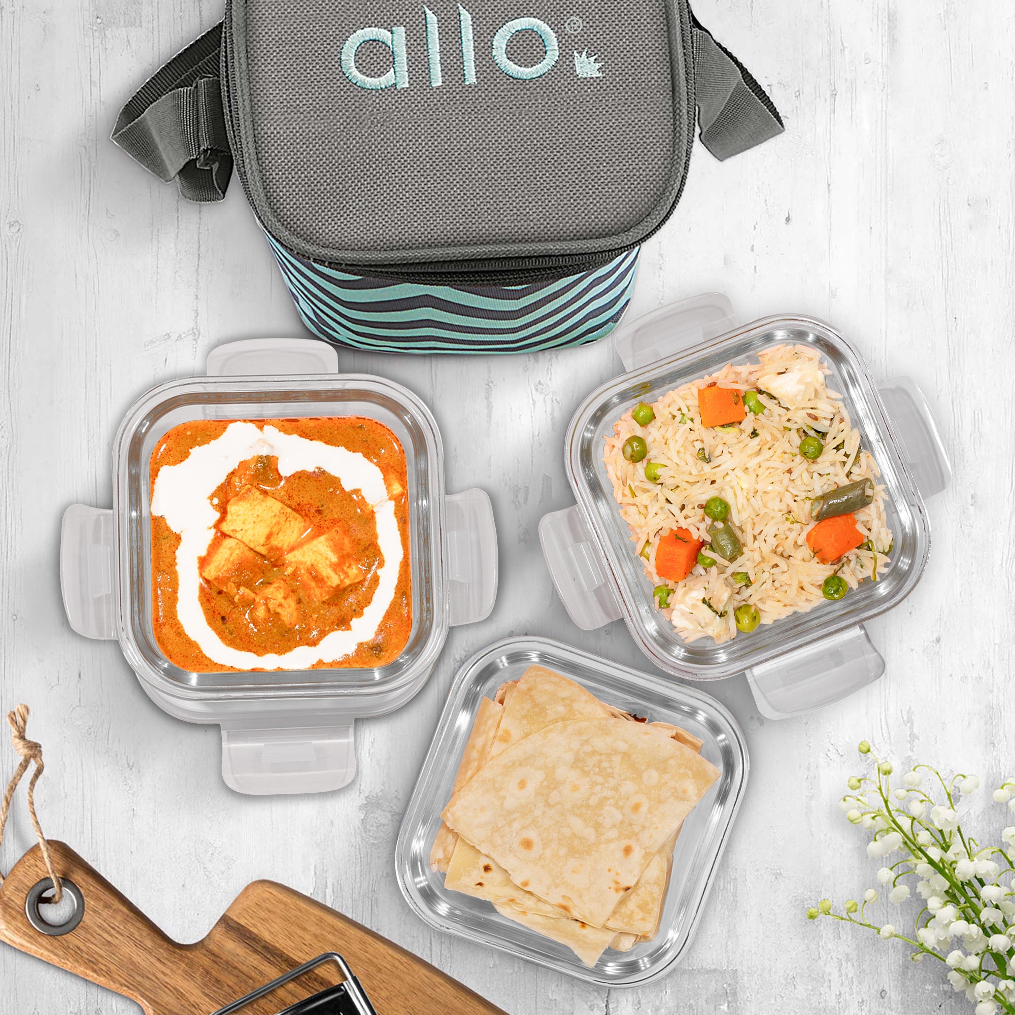Allo Food Safe Glass Lunch Box, 450°C Microwave Safe Lunch Box, Borosilicate Glass Tiffin for office with Chevron Mint Tiffin Bag, Set of 3, 320ml x 3, square