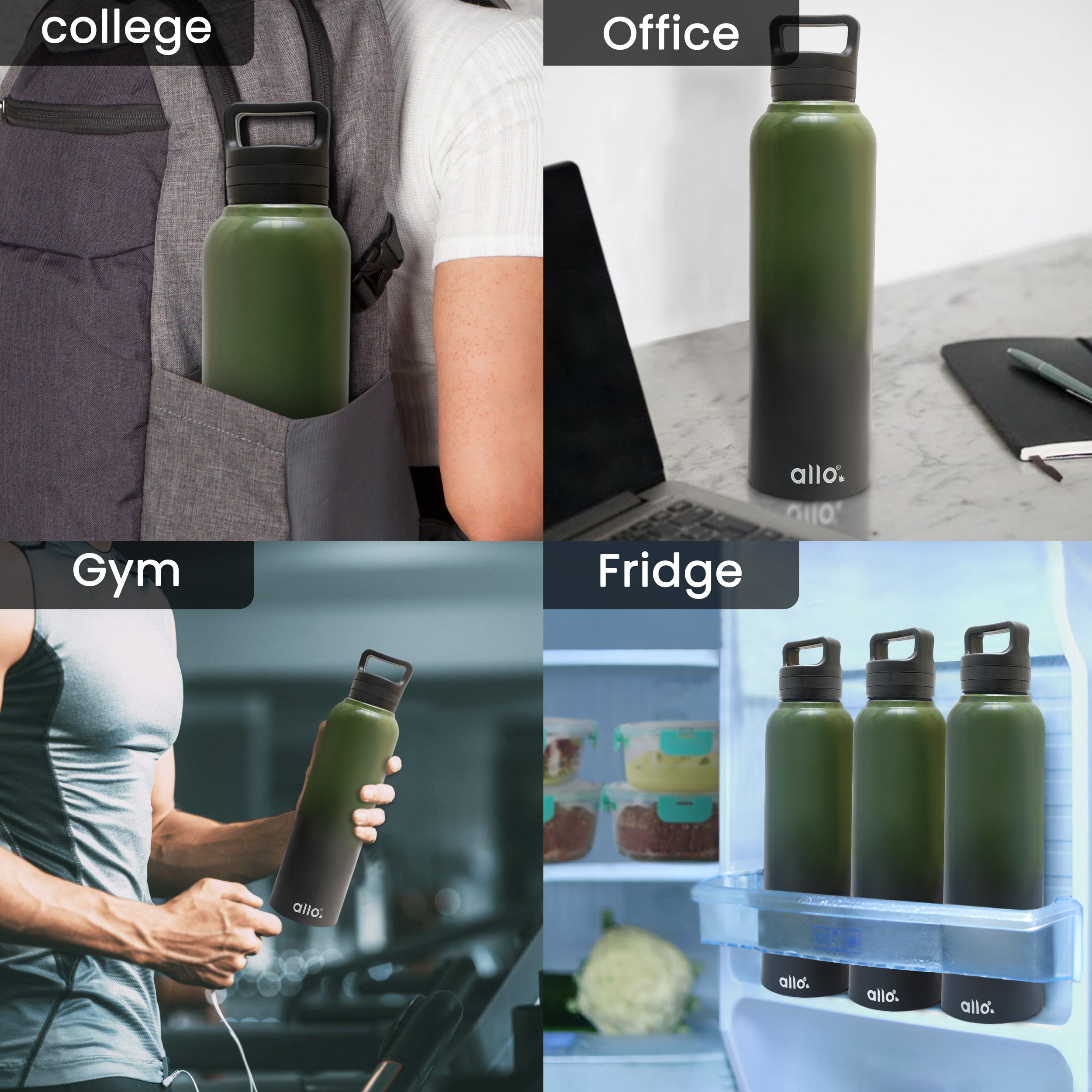 Allo Stainless Steel Water Bottle For Adults, Kids 1 Litre Water Bottles For School,Office,Sports,Gym 1L Water Bottle For Men & Women, Pack Of 5, Leak Proof, Bpa Free, Olive Green and Black Handle Cap