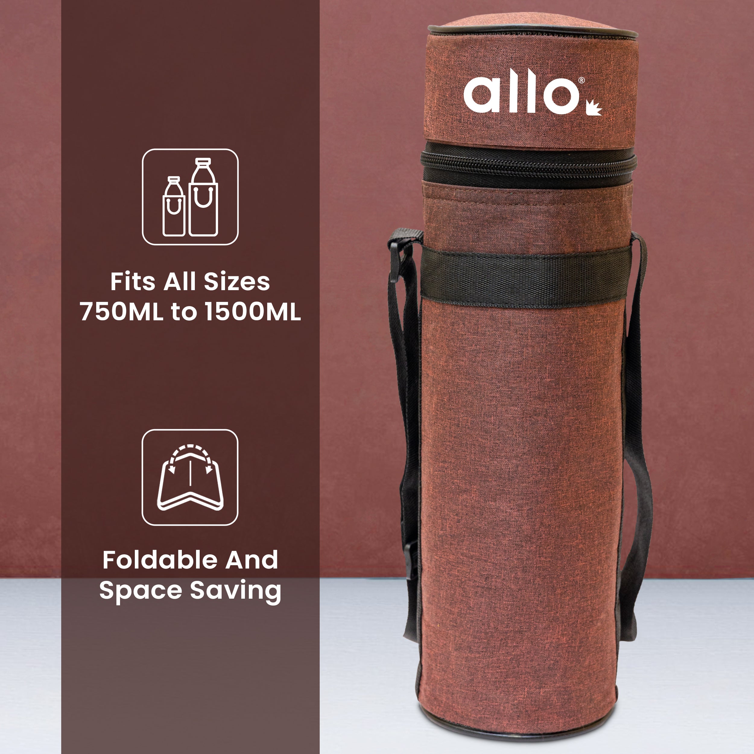 Allo Polyester Thermal Insulated 1L Bottle Cover – Water-Proof Modern Carrier Sleeve with Adjustable Shoulder Handle & Zipper Closure for Travel, Hiking, Office & School, WINE RED