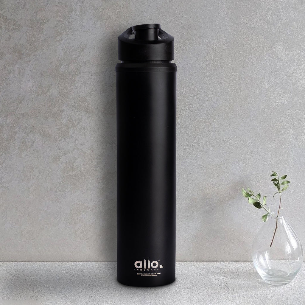 Allo Steel Water Bottles Stainless Steel Sipper Water Bottle for adults, kids 1 Litre Water Bottles for School, Office, Sports, Gym 1L Water Bottle for Men and women, Black 1000ml