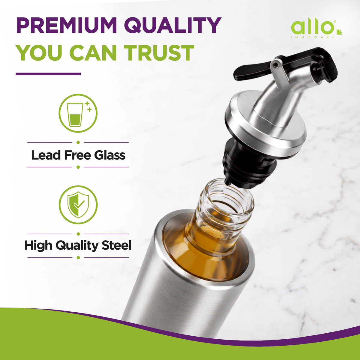 Allo Glass Oil Dispenser For Kitchen With Stainless Steel Cover| 300 ml Oil Bottle For Cooking | Home & Restaurant Use (0.3 Litre | Clear)