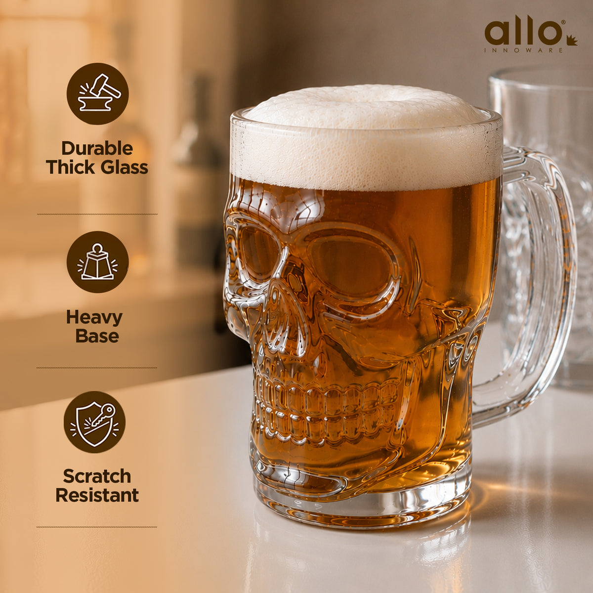 Allo Beer Mug And Drinking Glass Mugs, Set Of 2, 520 ml Each, Serves Beer, Juice, Mocktail, Alcohol, Cocktail, Drinking Glass With Handle, Fluted Glass | Gift Set Packaging | Transparent Skull Face