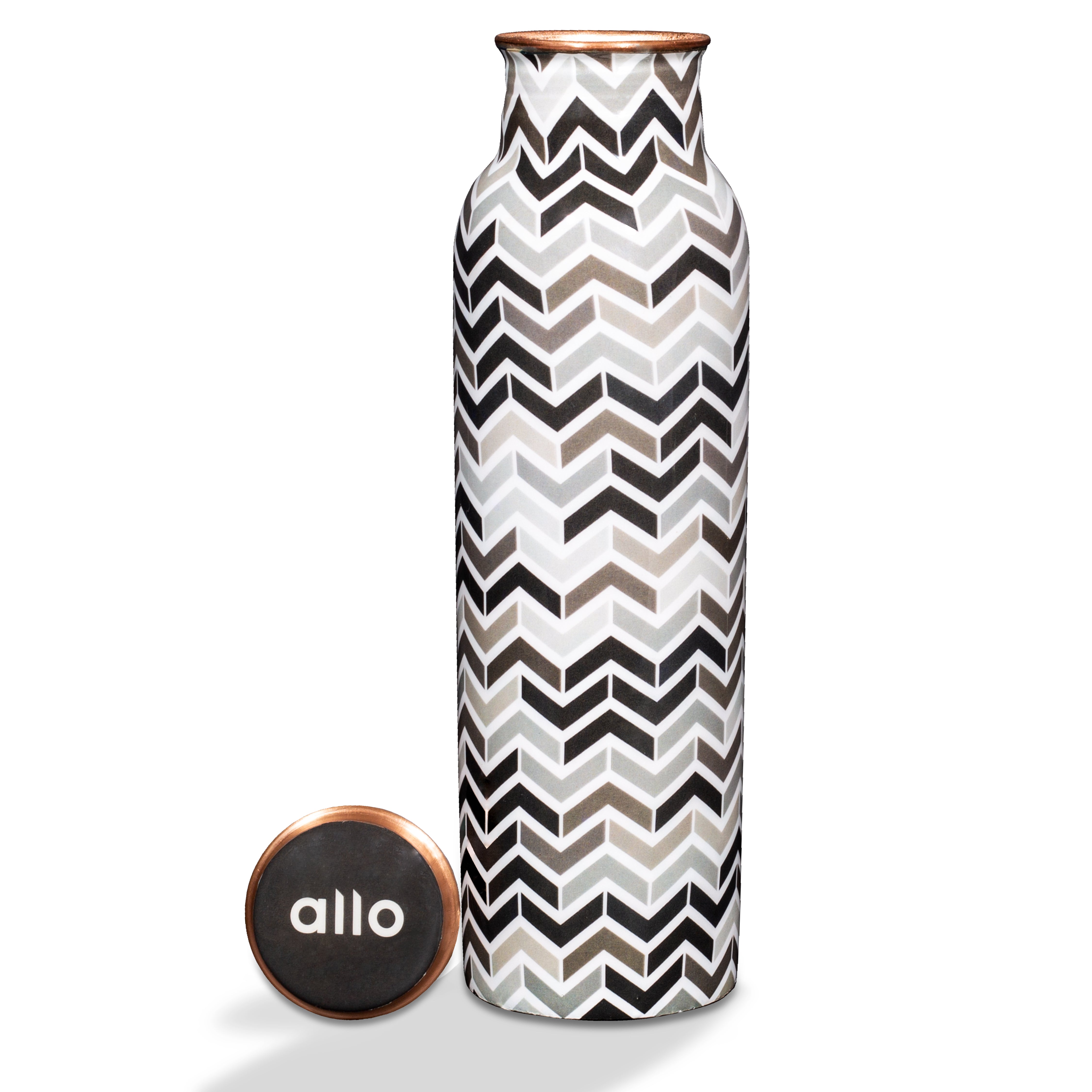 Allo Pure Copper Water Bottle 1 Litre Copper Bottle | Alkaline and Anti Oxidant | 100% Leak Proof, Office, Gym Bottle, Modern Tamba Bottle for Adults, Best Gift for Diwali (Chevron, Black & Grey)