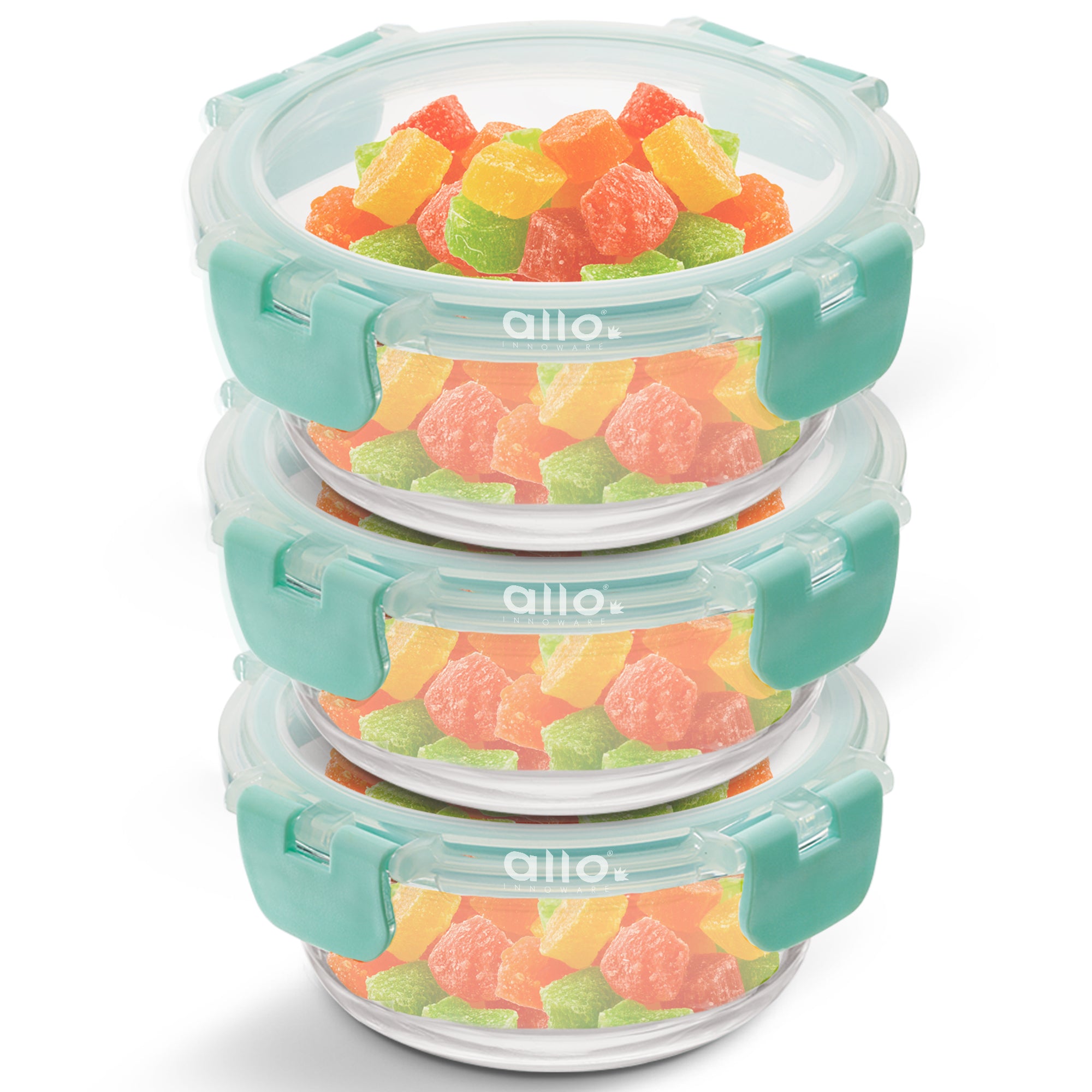 Allo Food Safe Glass Containers with Lids with Break Free Lock, Oven Microwave Safe Containers, High Borosilicate Meal Prep Glass Food Storage Containers for Kitchen, Set of 3, 215ml, Round