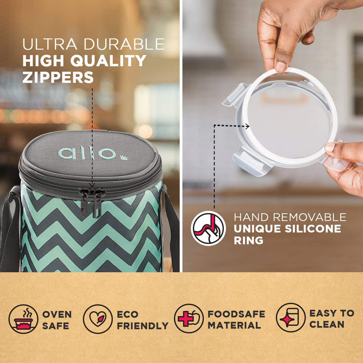 Allo Food Safe Glass Lunch Box, 450°C Microwave Safe Lunch Box, Borosilicate Glass Tiffin for office with Chevron Mint Tiffin Bag, Set of 2, 400ml x 2, round