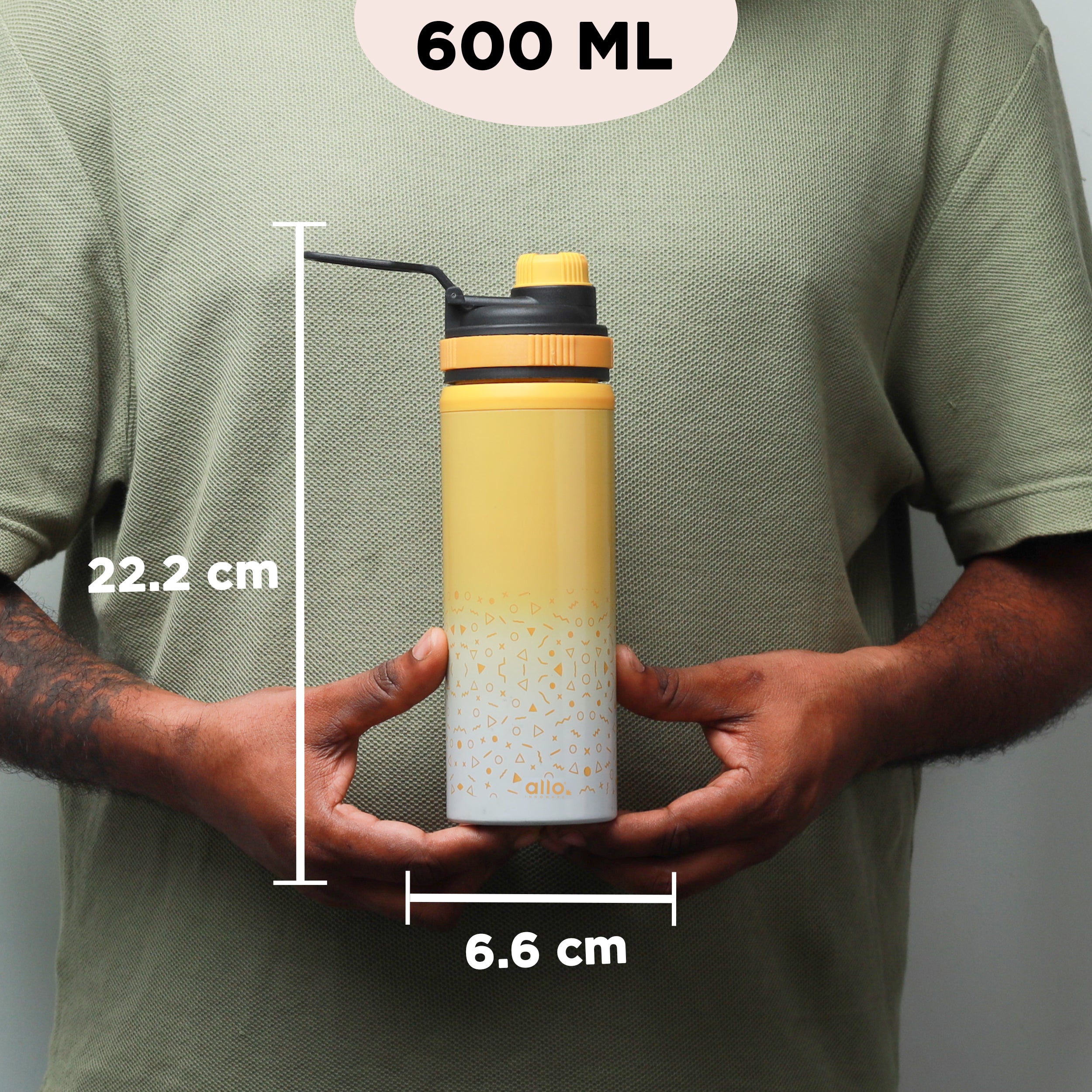 Allo Steel Water Bottles Stainless Steel Sipper Water Bottle for adults, kids 1 Litre Water Bottles for School, Office, Sports, Gym 1L Water Bottle for Men and women, Yellow White 600ml