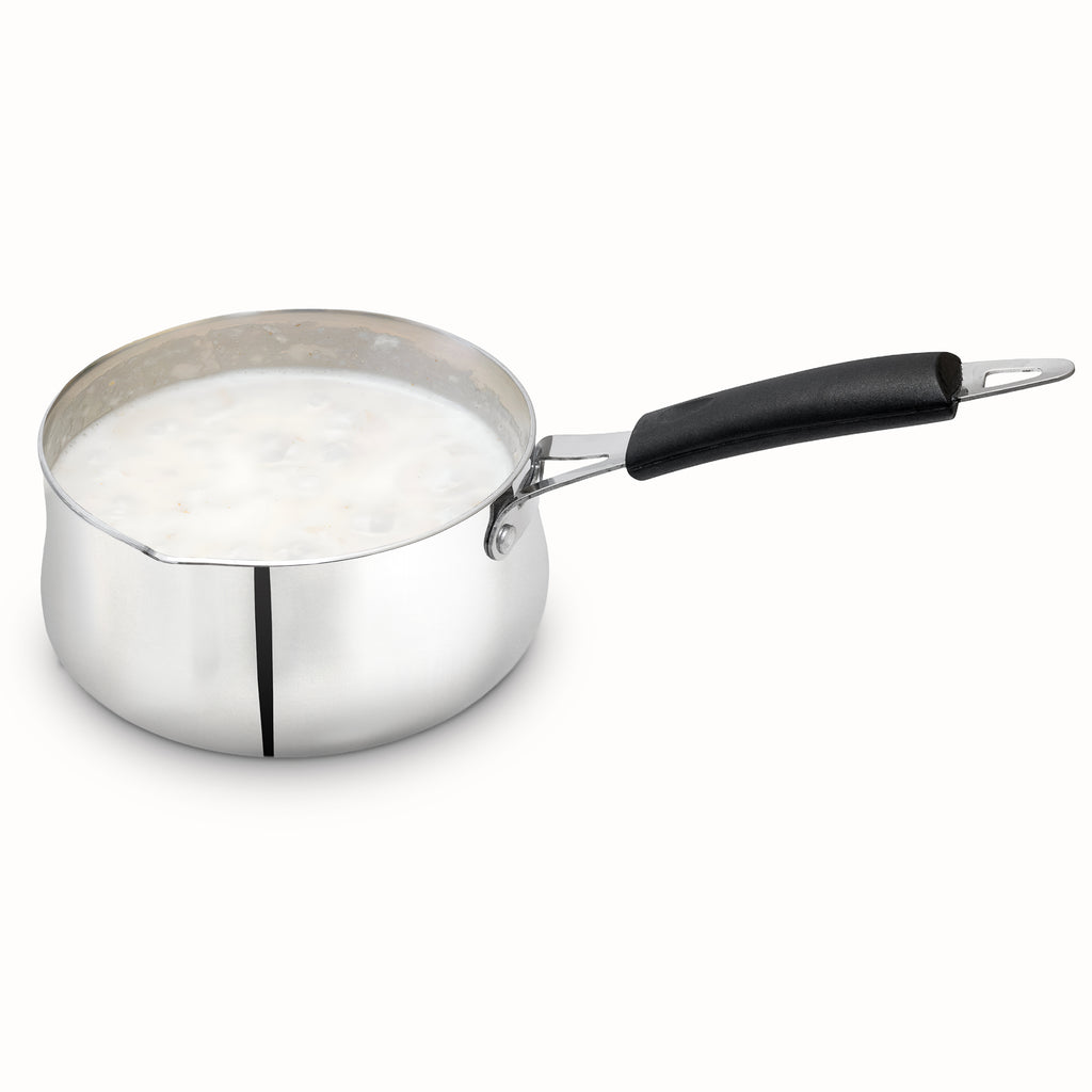 Allo Stainless Steel Heavy Bottom Sauce Pan with Glass Lid|Three Layer Impact Forged Bottom for Durability|Premium Look with Soft Touch Handles&Knob,Non-Stick,16cm 1.6L