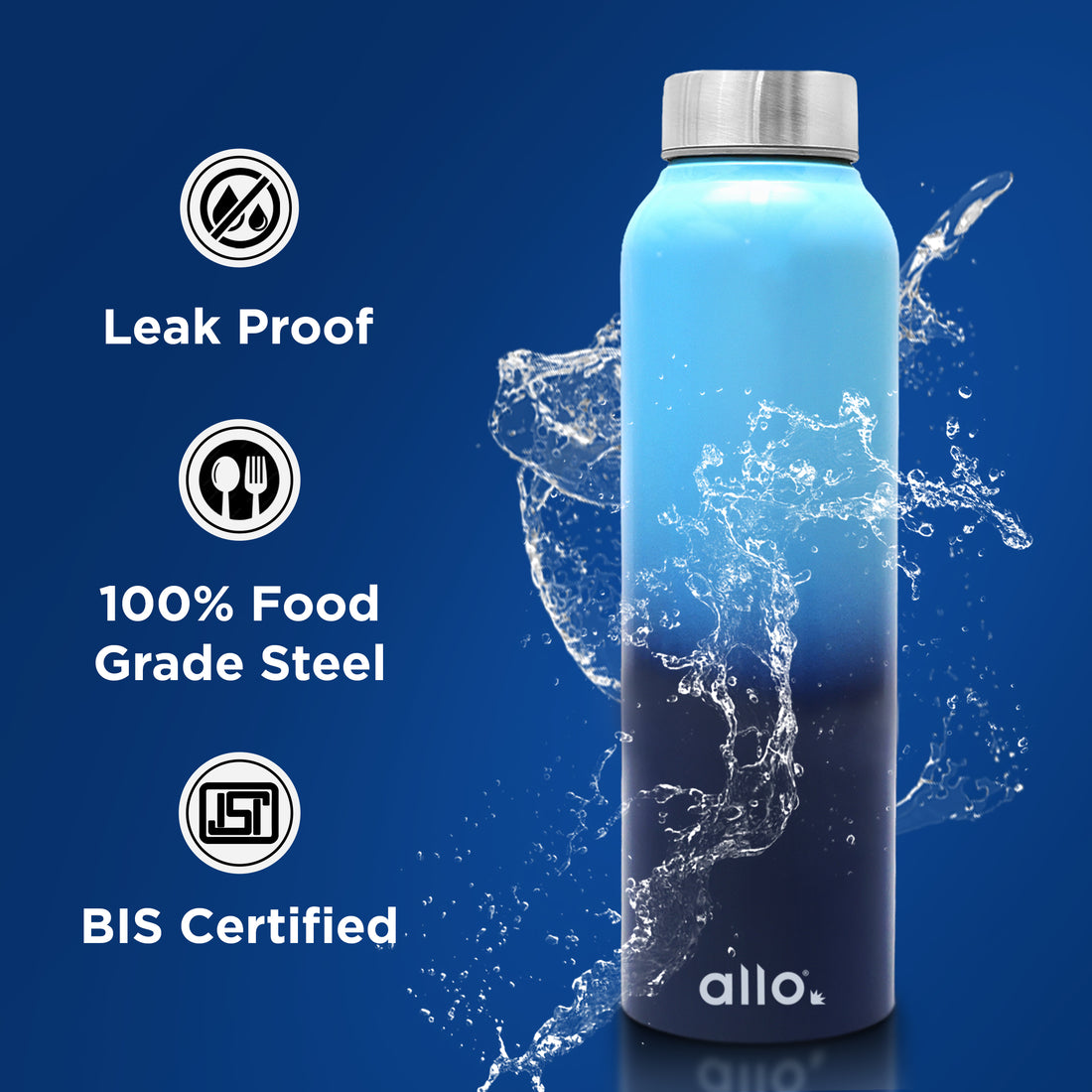 Allo Steel Water Bottles Stainless Steel Sipper Water Bottle for adults, kids 0.95 Litre Water Bottles for School, Office, Sports, Gym 950ML Water Bottle for Men and women, Light & Dark Blue 950ml