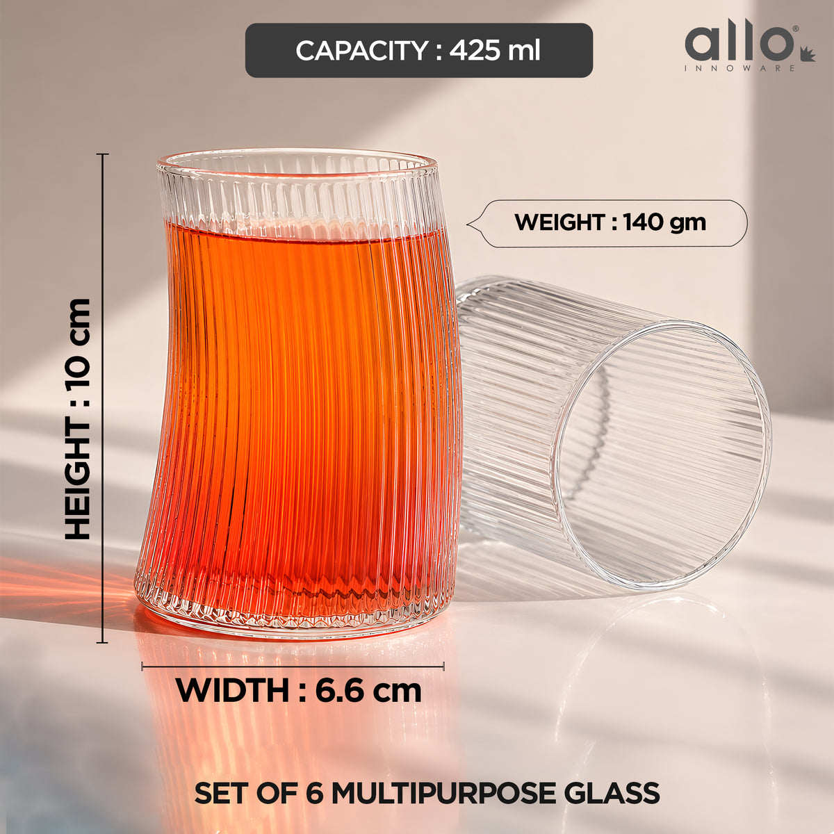 Allo Premium Glass Set Of 6, 425 ml, Latest Design Glasses For Water, Juice, Whisky, Cold Drink | Lead Free | Perfect For Home & Parties, Gift Set Packaging | Transparent Curved Rib Glass