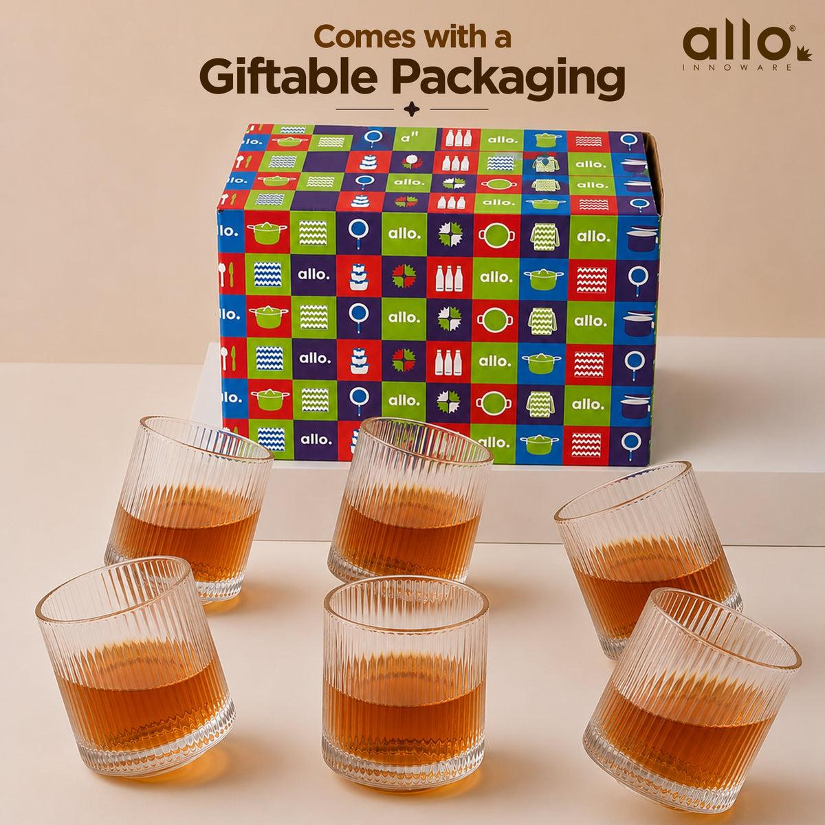 Allo Rotating Glasses For Whiskey, Set Of 6, 190 Ml Each, Premium Ribbed Glass With Revolving Base And Spinning Glass, Gift Set Packaging | Transparent Ribbed Classic