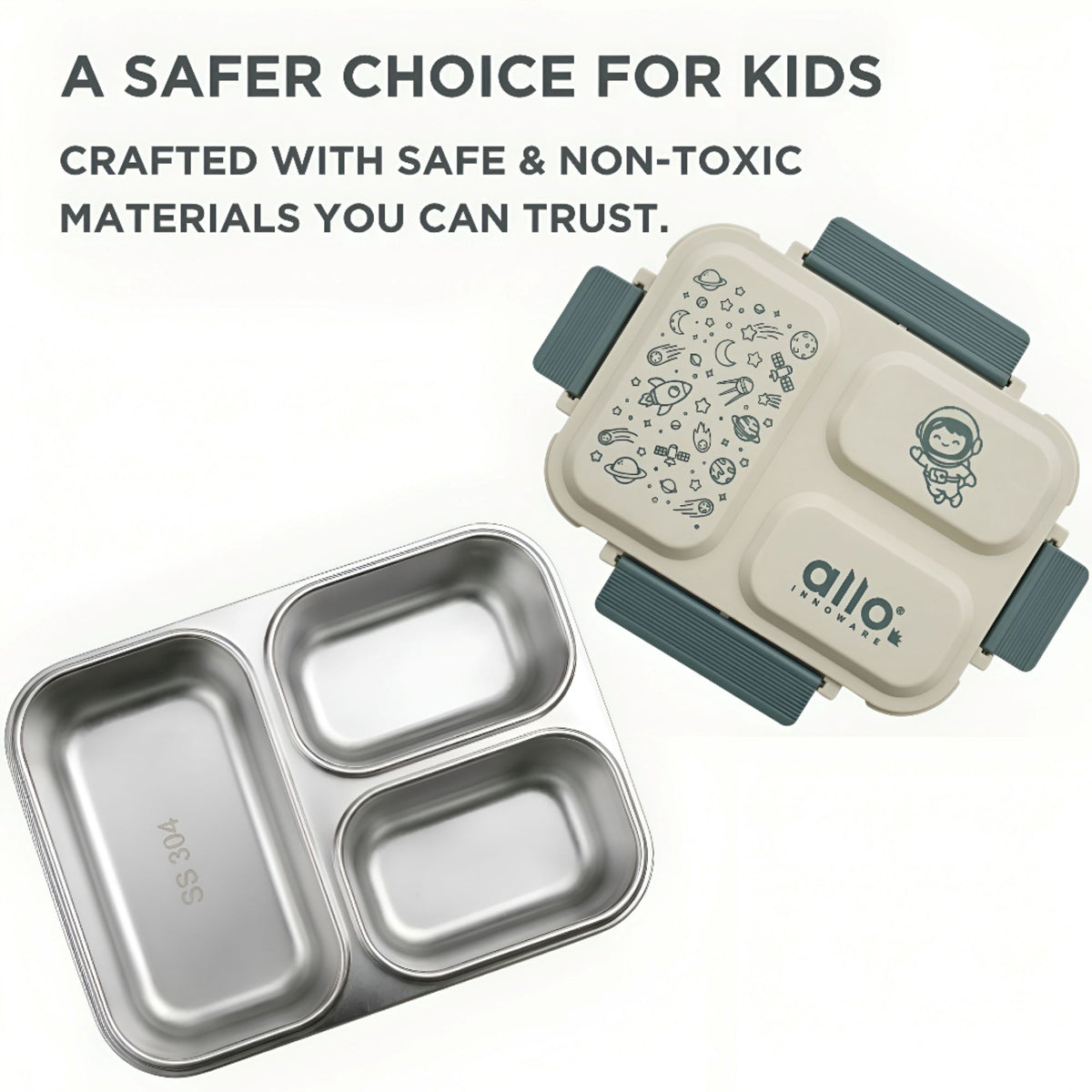 Allo Bento Stainless Steel Lunch Box for Kids- BIS Approved, 304 Stainless Steel 3 Compartment Leakproof Tiffin Box for Boys and Girls for School, Travelling, Baby Snacks, 740ml Green Space