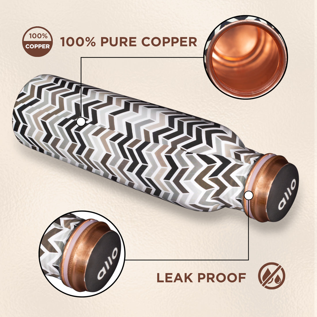 Allo Pure Copper Water Bottle 1 Litre Copper Bottle | Alkaline and Anti Oxidant | 100% Leak Proof, Office, Gym Bottle, Modern Tamba Bottle for Adults, Best Gift for Diwali (Chevron, Black & Grey)