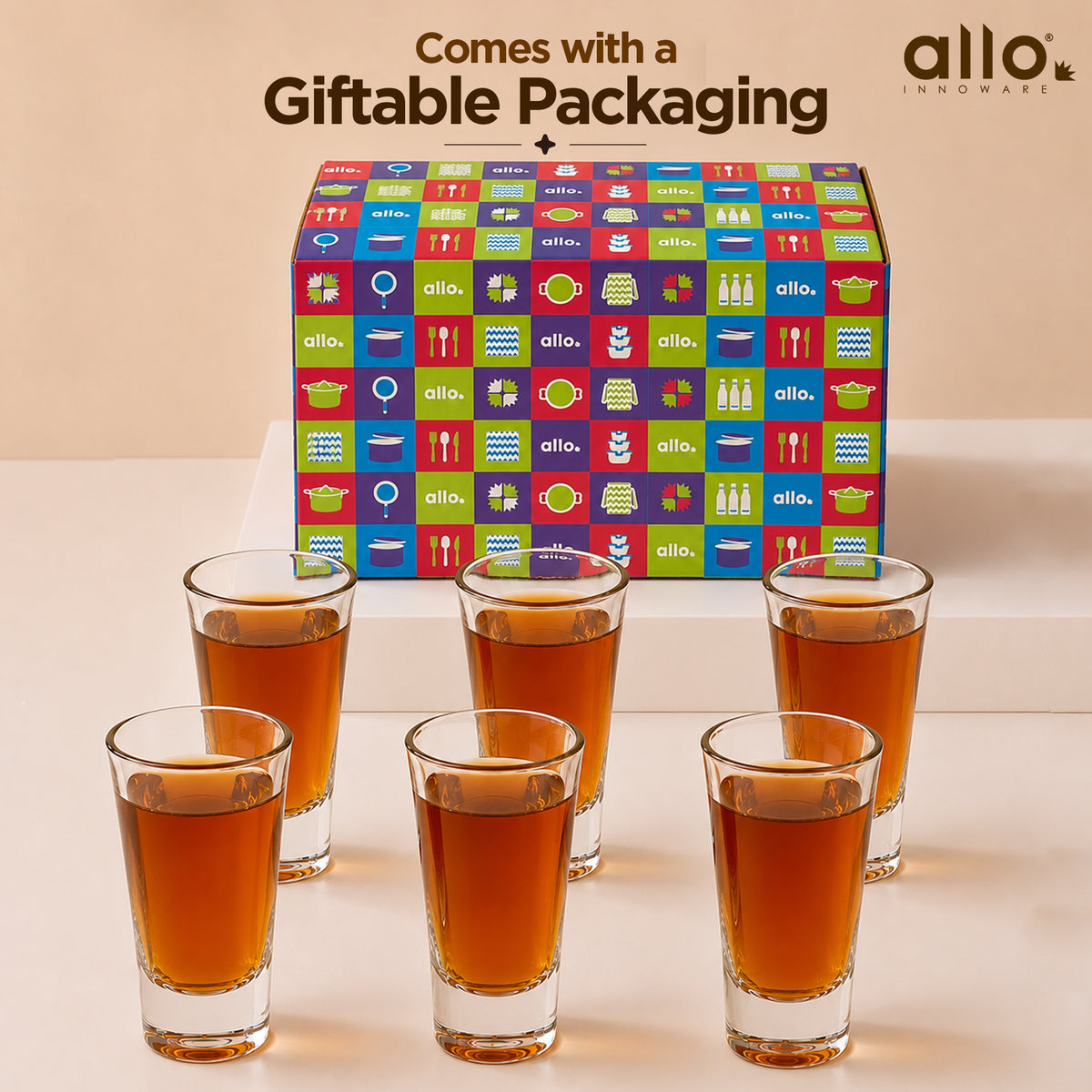 Allo Shot Glasses Set Of 6, 60 ml, Small Glass For Vodka, Tequila, Liquor, Wine, Party, Bar | Gift Set Packaging | Transparent | Tall Classic Shot Glass