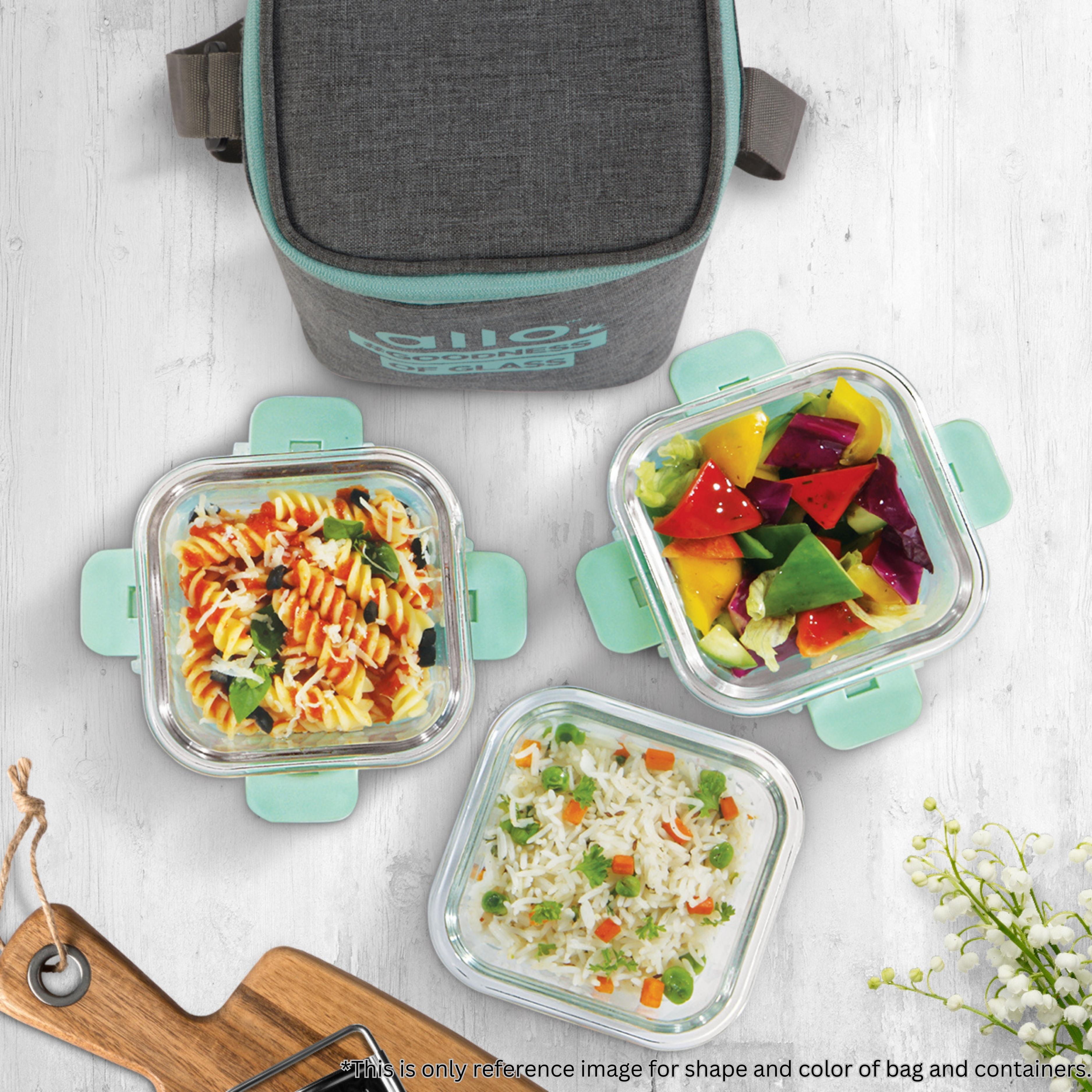 Allo Food Safe Glass Lunch Box with Breakfree Detachable Lock, 450°C Microwave Safe Lunch Box Borosilicate Glass Tiffin for Office with Canvas Grey Tiffin Bag, Set of 3, 160ml x 1, 310ml x 2