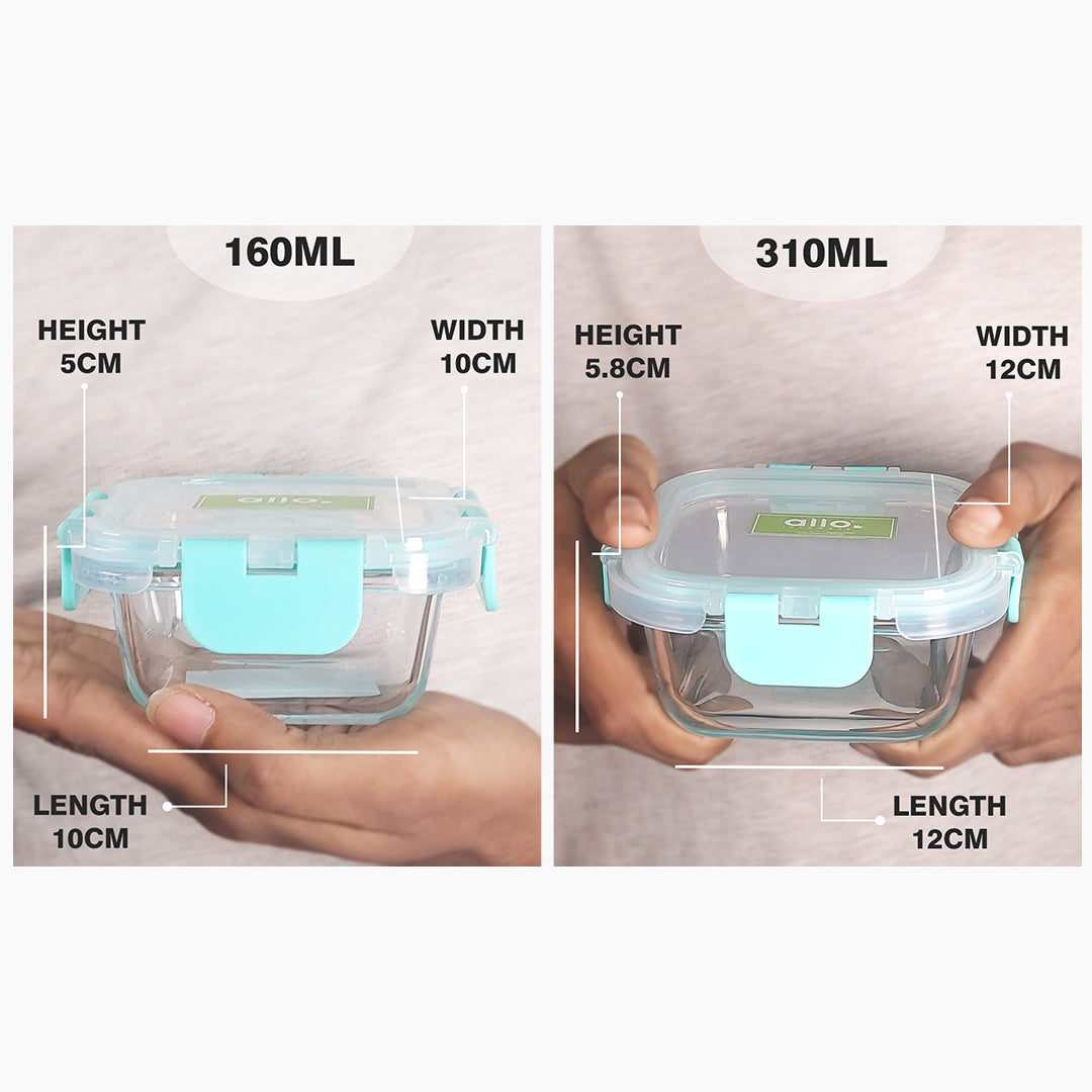 Allo Food Safe Glass Containers with Lids with Break Free Lock, Microwave Safe Containers,Borosilicate Meal Prep Glass Food Storage Containers for Kitchen, Set of 2, 215ml, 390ml, Round