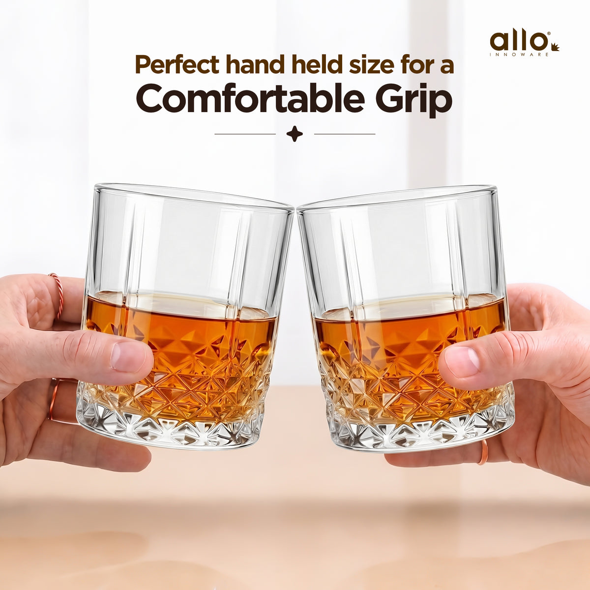 Allo Glass Set Of 6 Premium Whisky Glasses, 330 ml, For Drinking Water, Wine, Cocktail, Mocktail, Martini, Liquor, Alcohol, Scotch, Bourbon | Gift Set Packaging | Transparent Fluted Diamond Base Glass